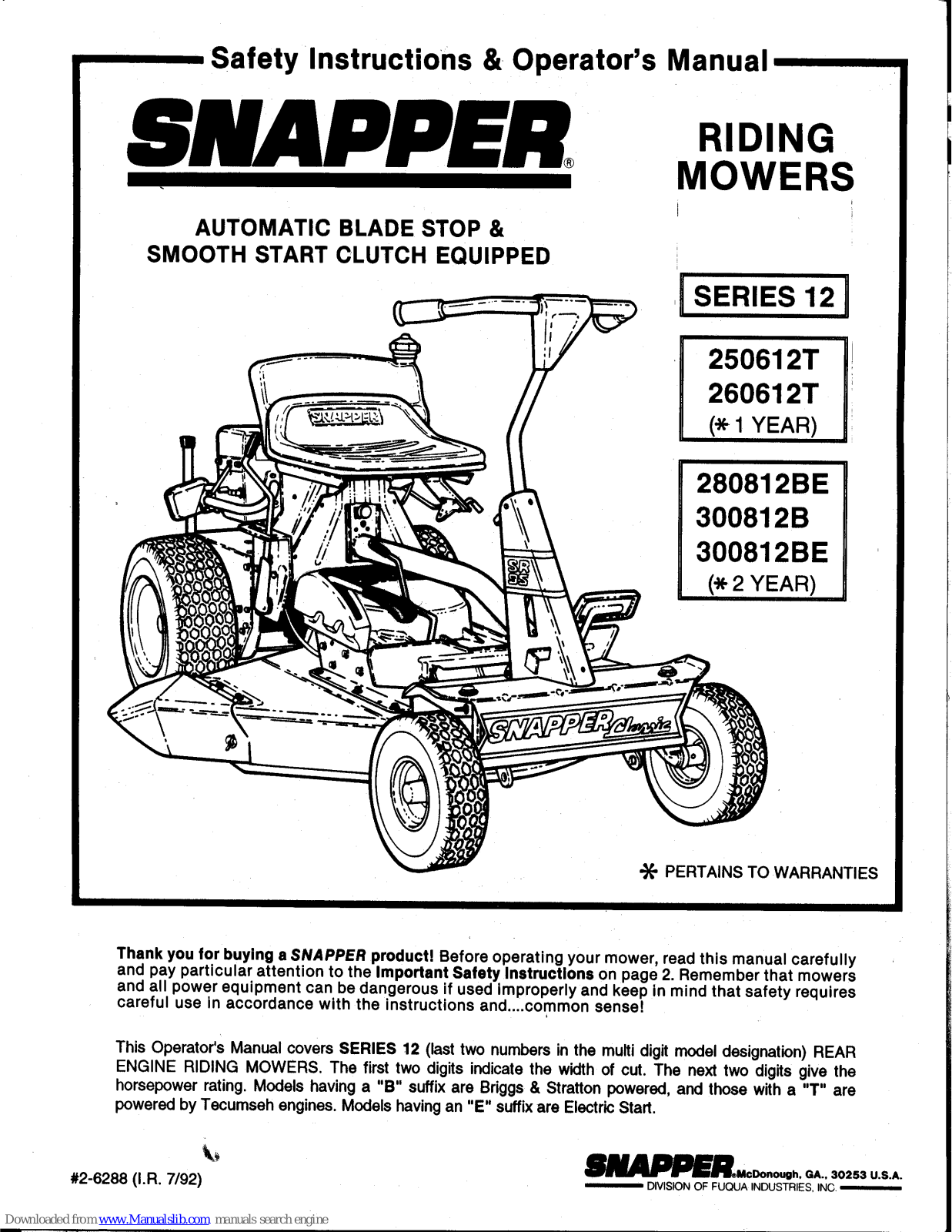 Snapper 260612T, 280812BE, 300812B, 300812BE Safety Instructions & Operator's Manual