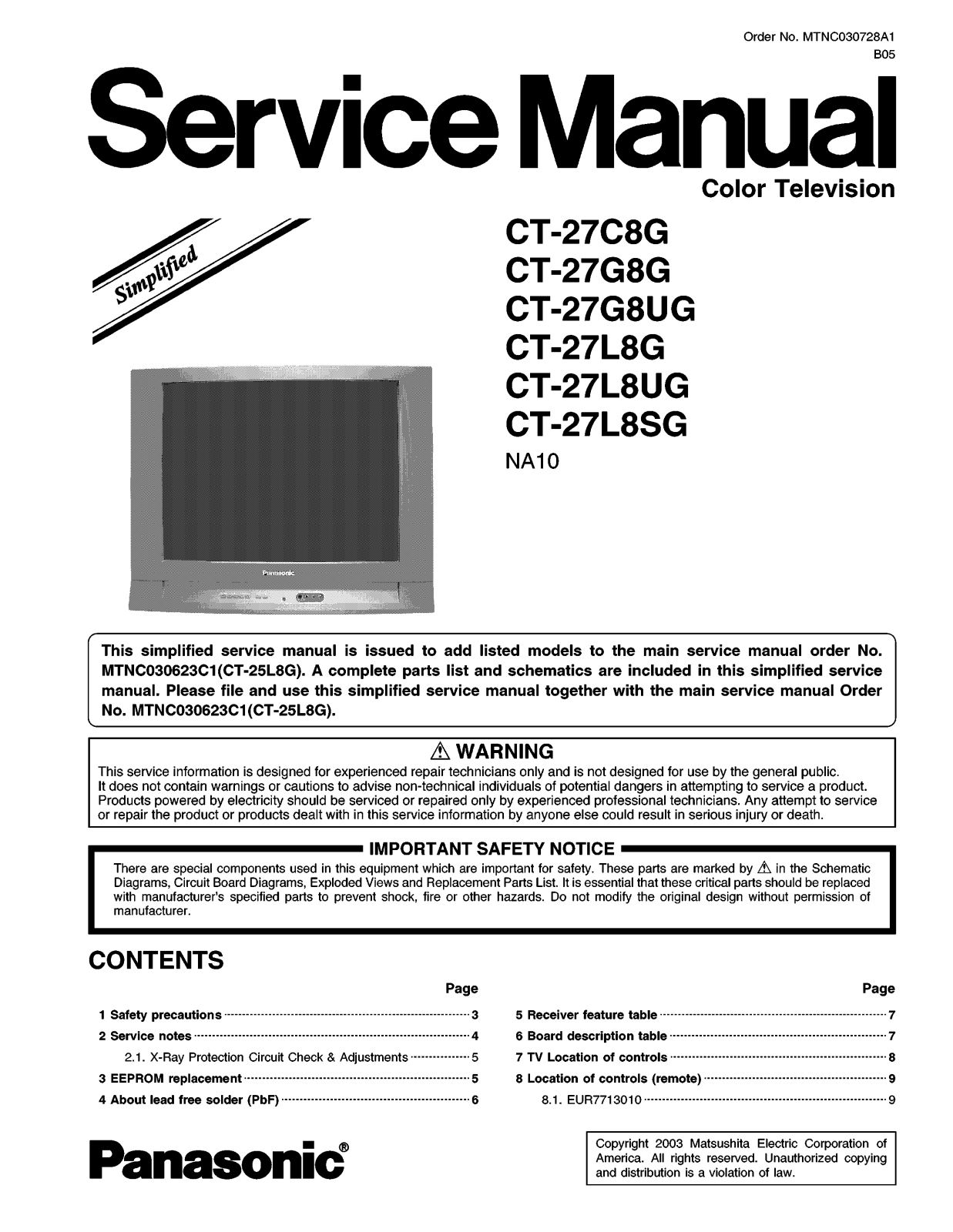 Panasonic CT27L8SG, CT27L8UG, CT27L8G, CT27G8UG, CT27G8G Service Manual