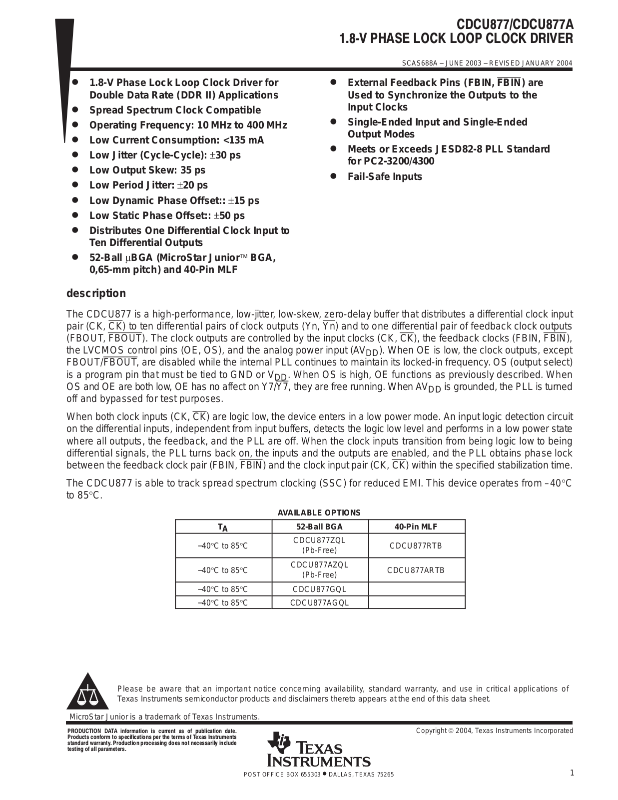 TEXAS INSTRUMENTS CDCU877 Technical data