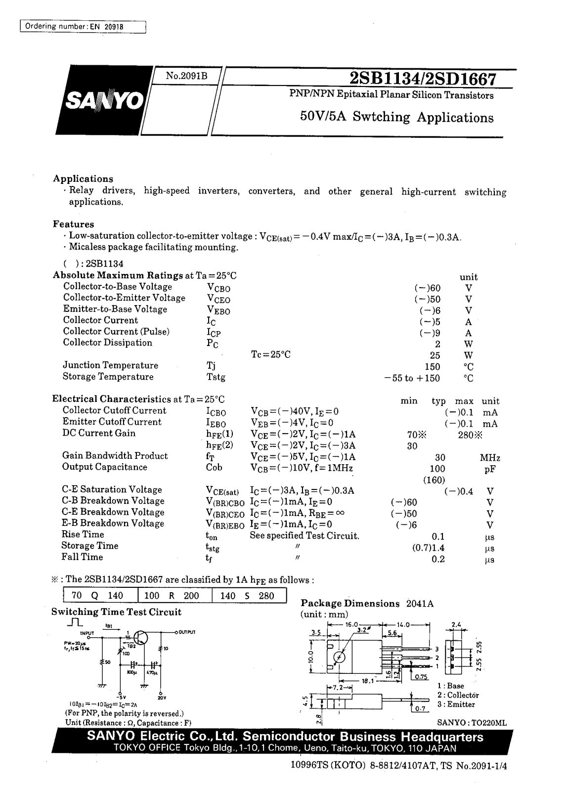 SANYO 2SD1667, 2SB1134 Datasheet