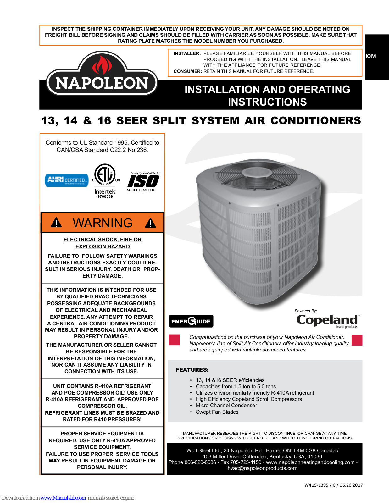 Napoleon 13 SEER, 14 SEER, 16 SEER Installation And Operating Instructions Manual