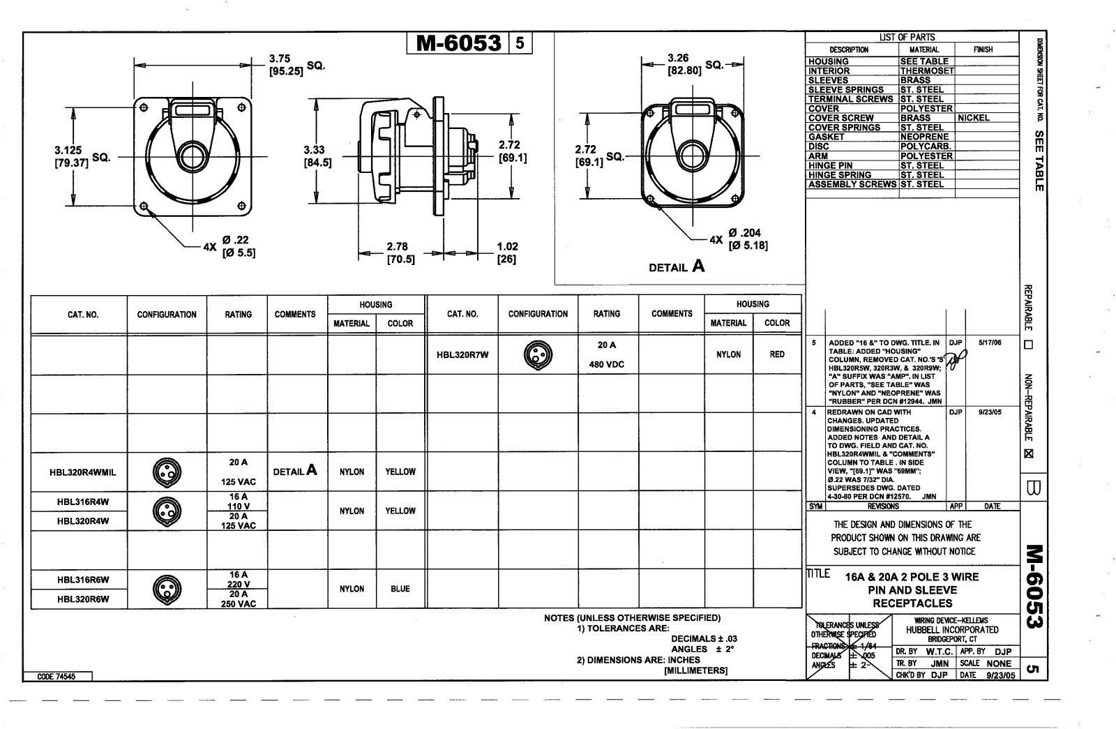 Hubbell HBL320R4W Reference Drawing