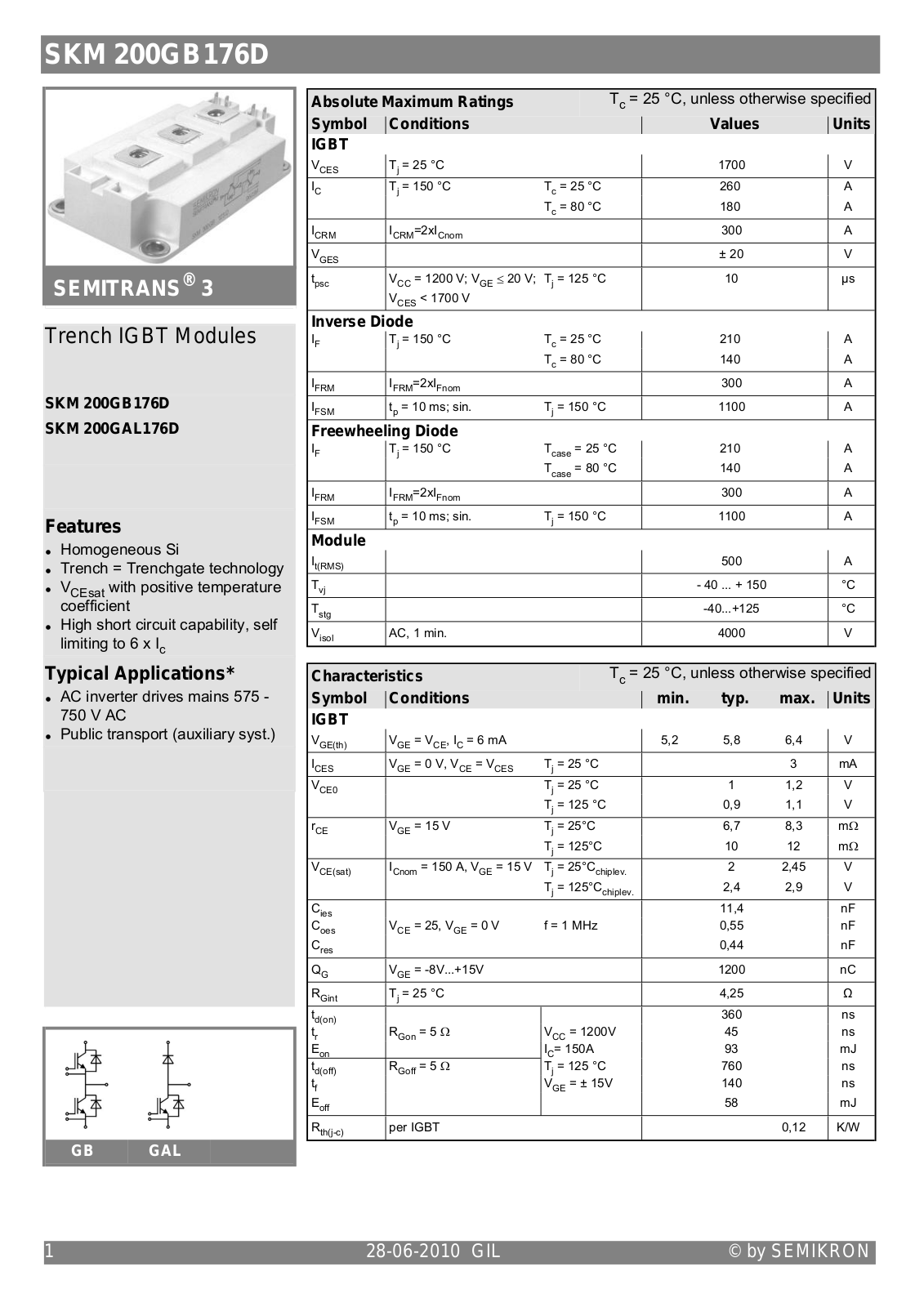 Semikron SKM200GB176D Data Sheet