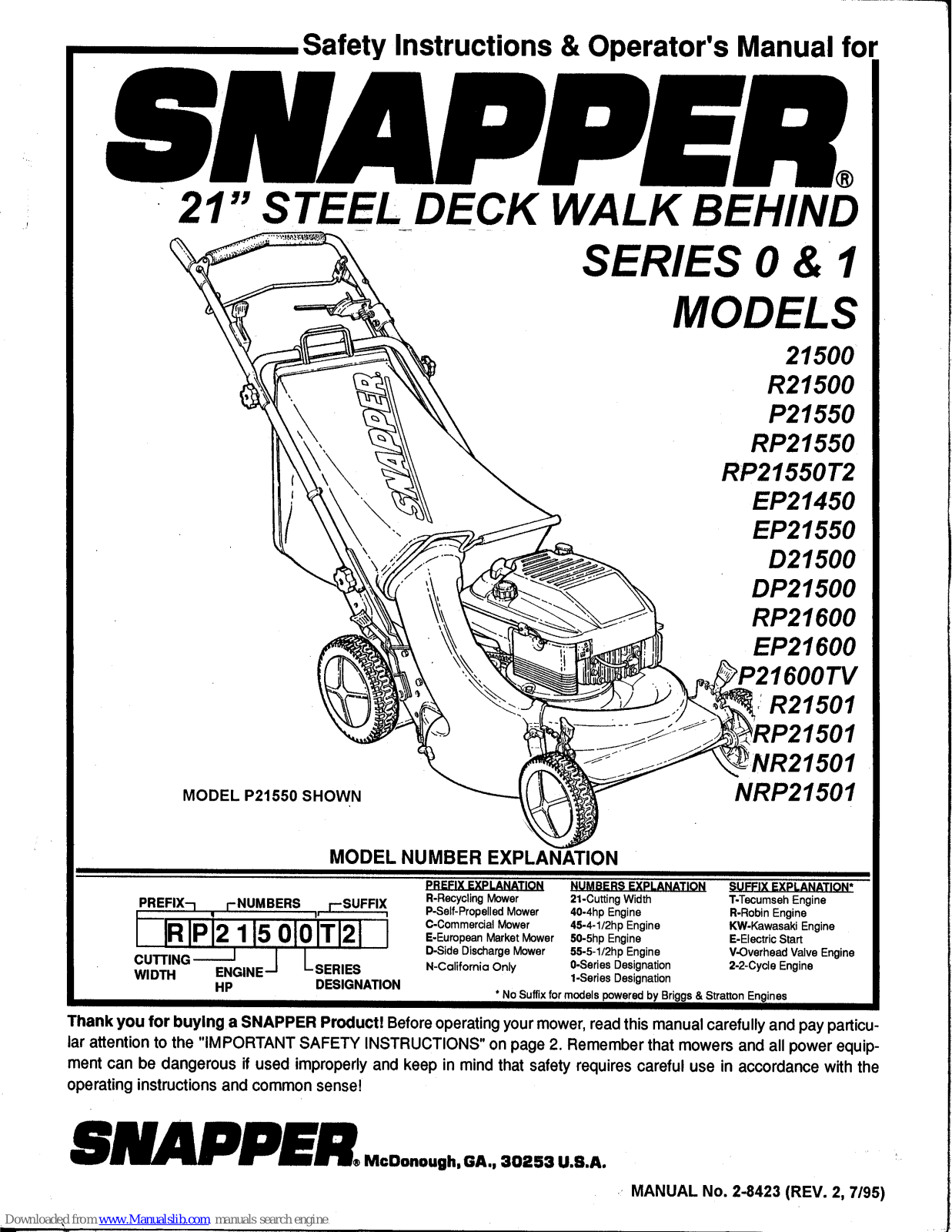 Snapper R21500, P21550, RP21550, RP21550T2, EP21450 Operator's Manual