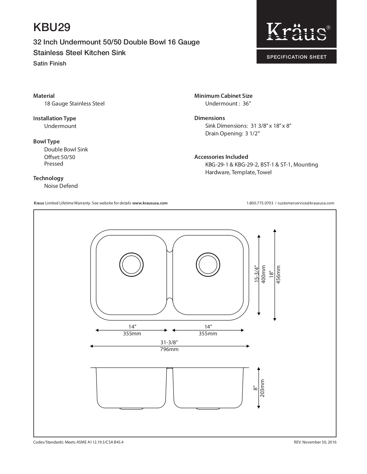 Kraus KBU29 Specs