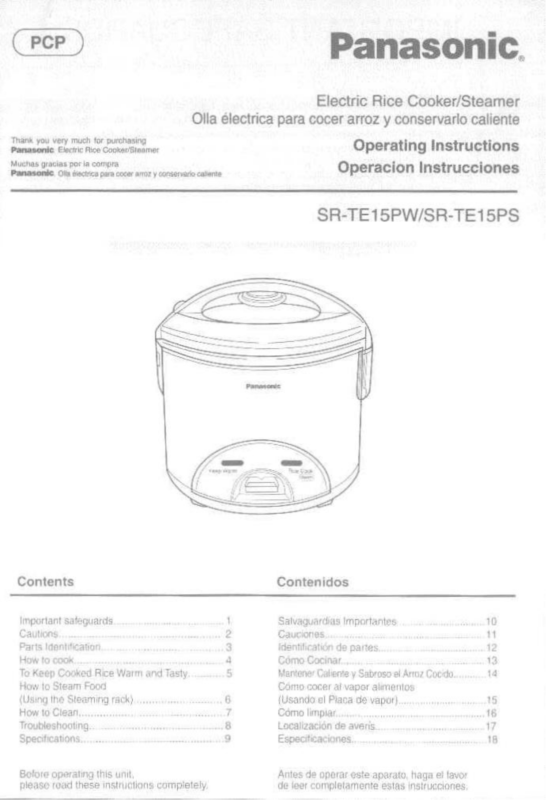 Panasonic Sr-te15ps, Sr-te15pw Owner's Manual
