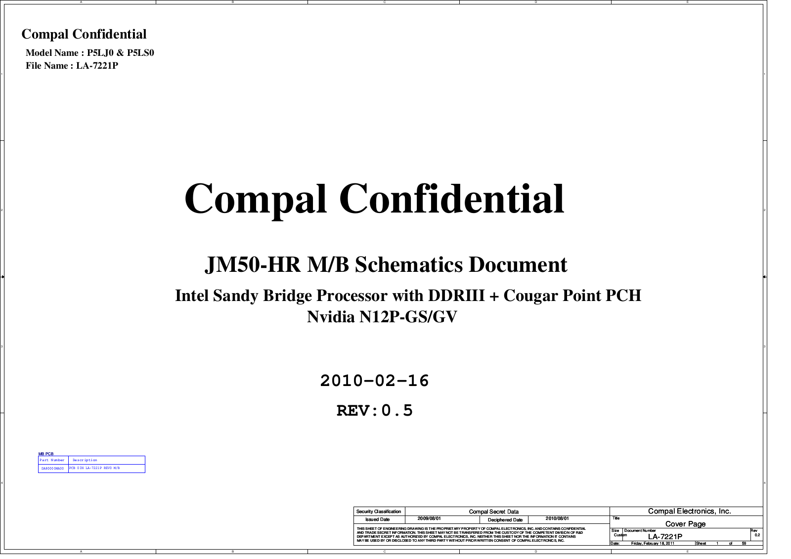 Compal LA-7221P P5LJ0, Aspire 5830G, Aspire 5830, Aspire 5830T, Aspire 5830TG Schematic