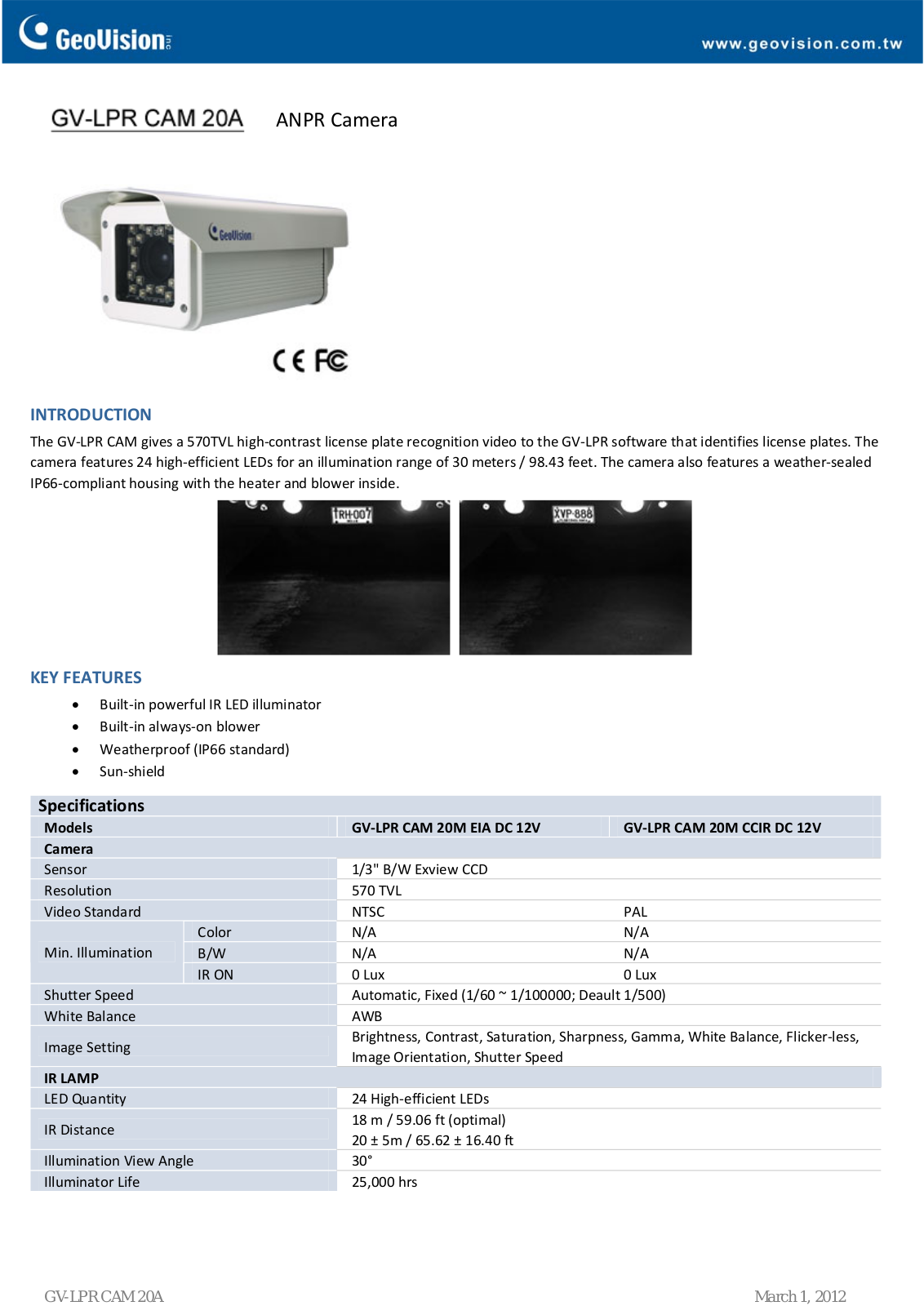 Geovision GV-LPR-CAM-20A Specsheet