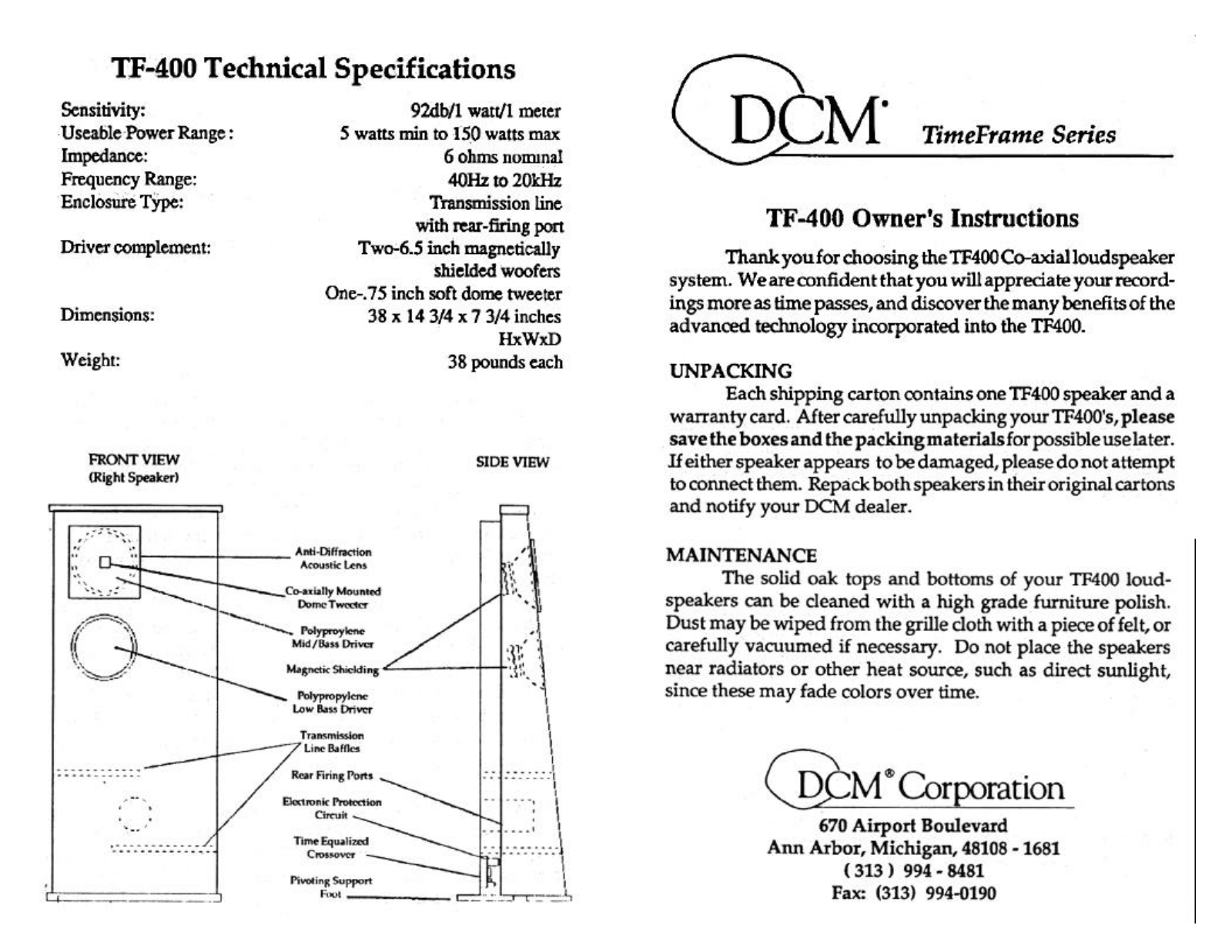 DCM TF-400 Owners manual