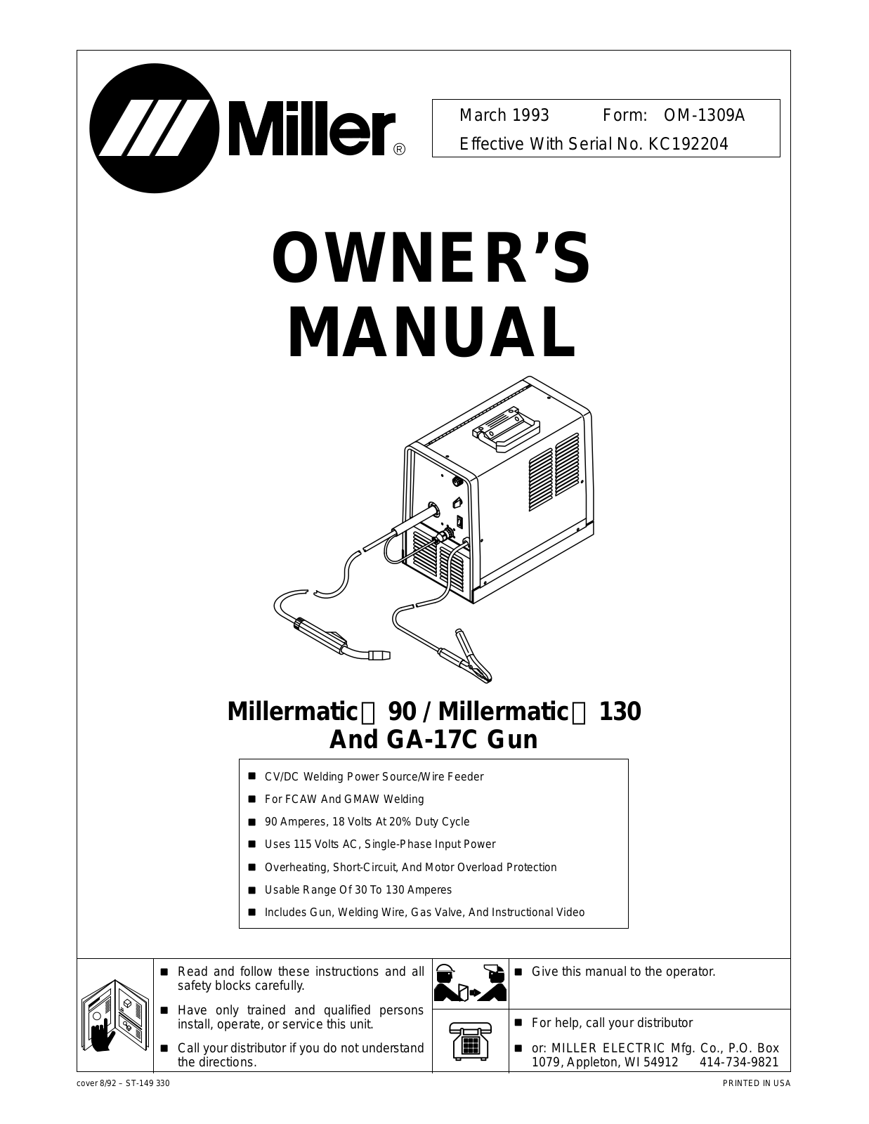 Miller Electric Millermatic 130 Owner's Manual