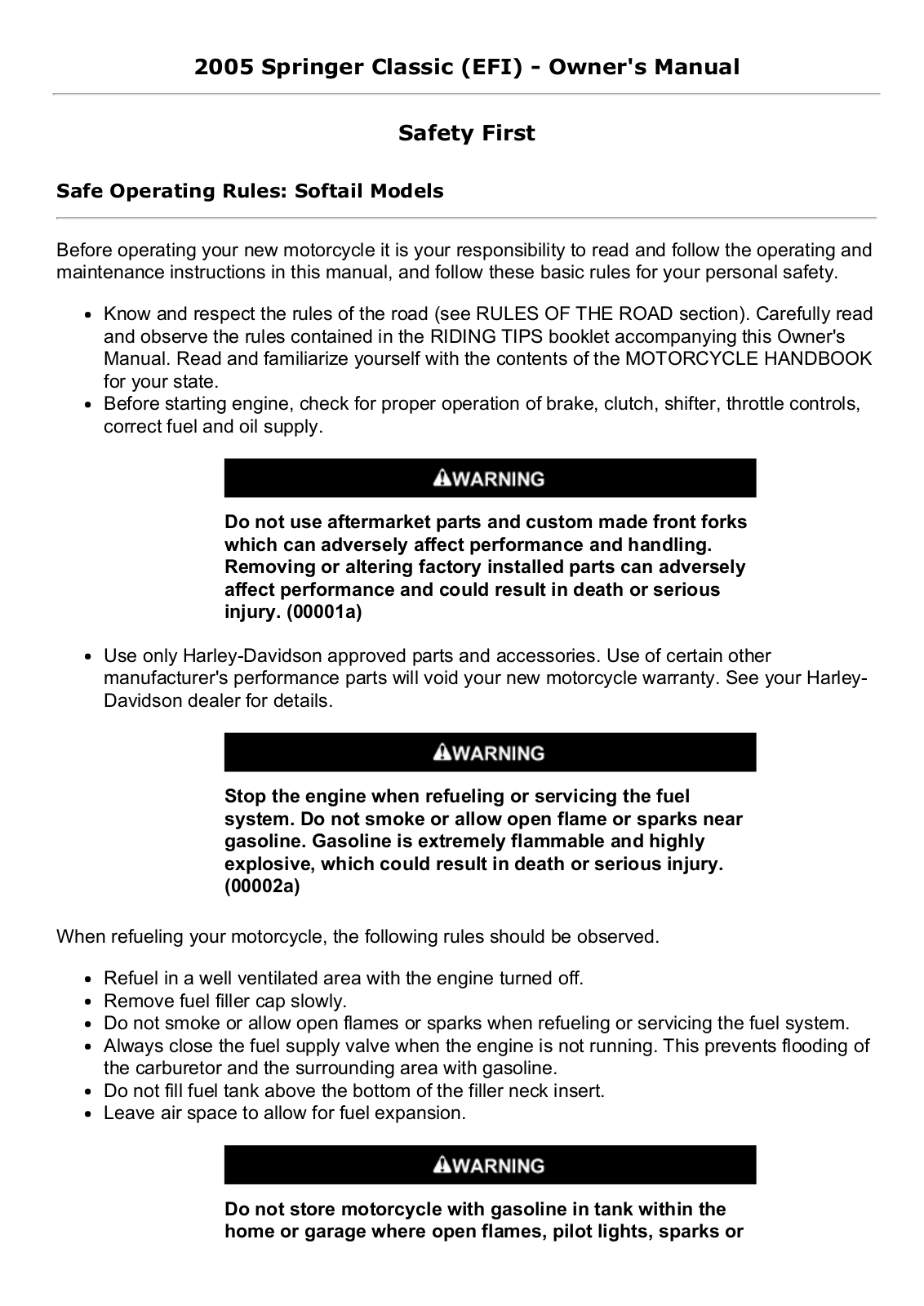Harley Davidson Springer Classic (EFI) 2005 Owner's manual