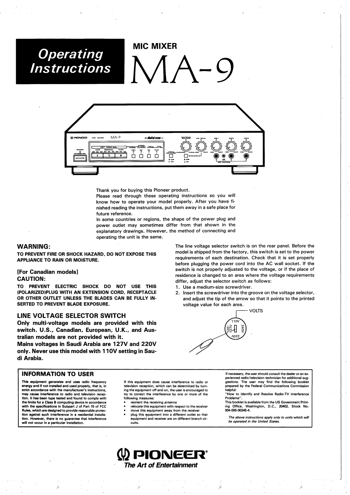 Pioneer MA-9 Owners manual