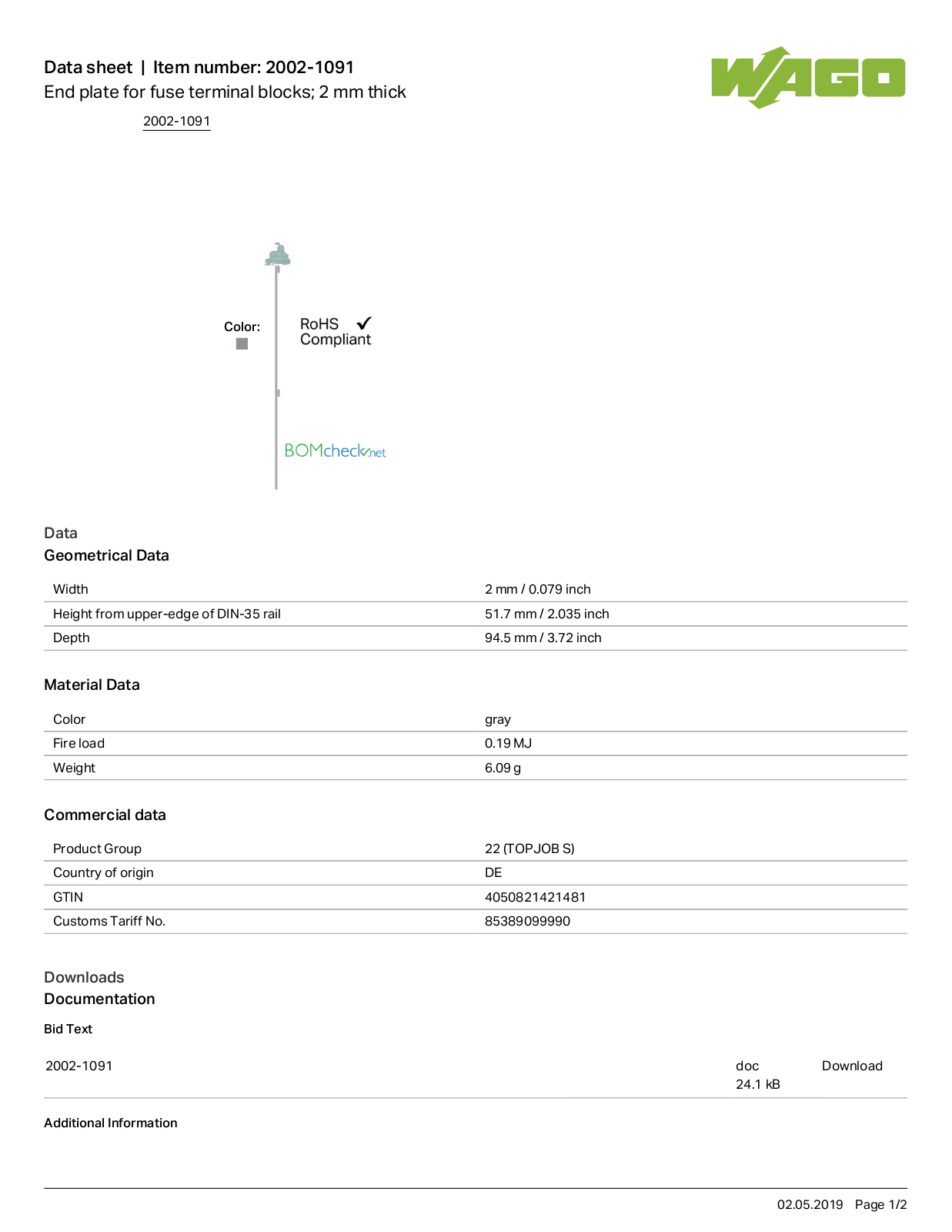 Wago 2002-1091 Data Sheet