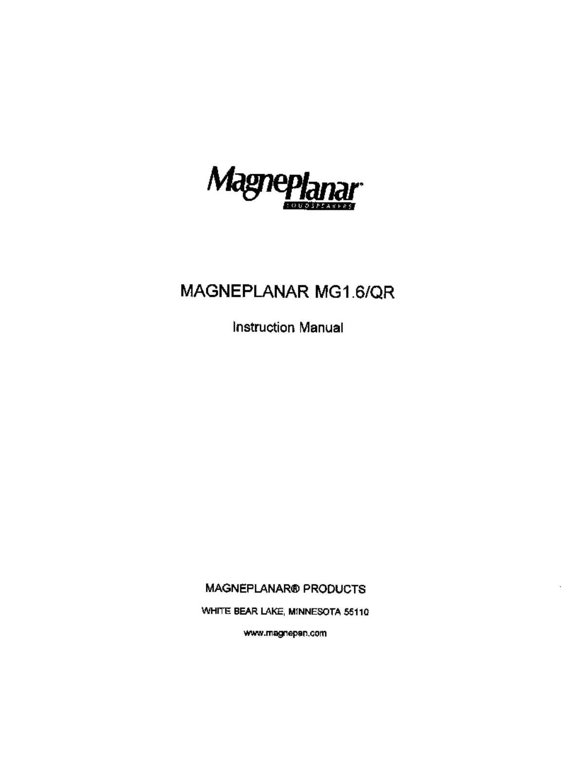 Magnepan MG-1.6-QR Owners manual