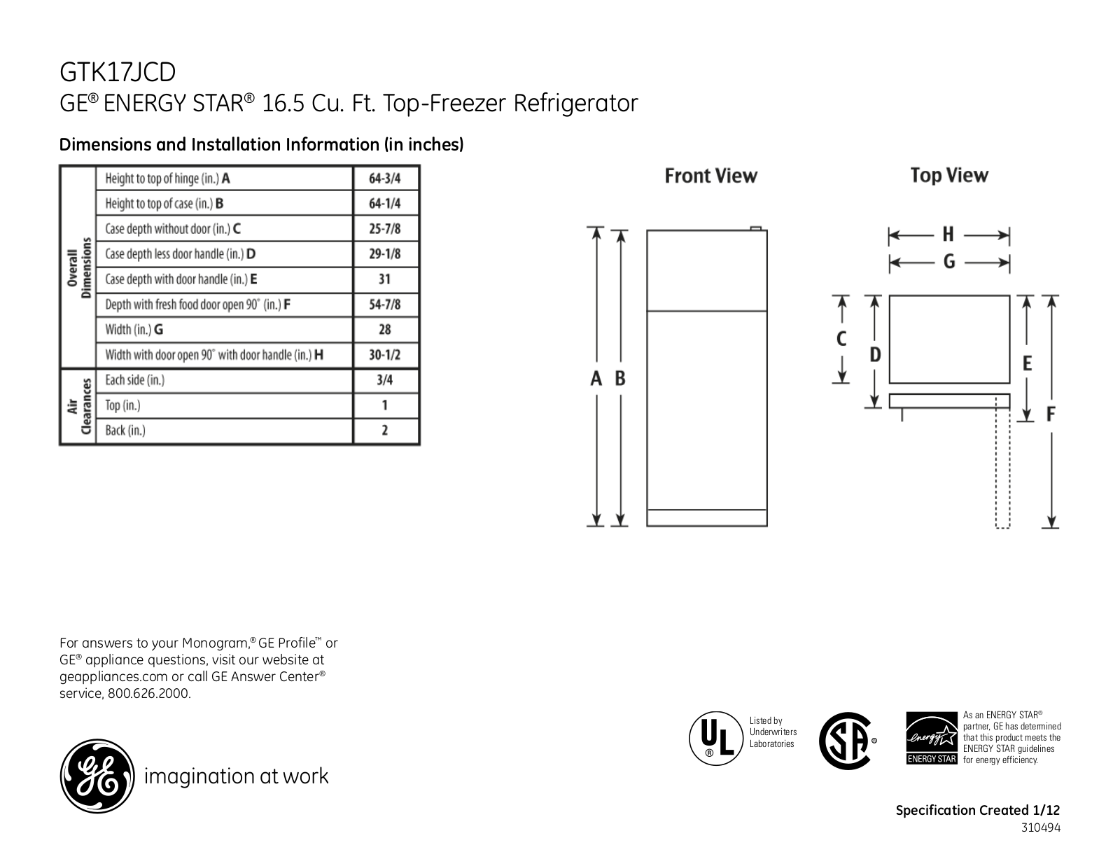 GE GTK17JCD Specification