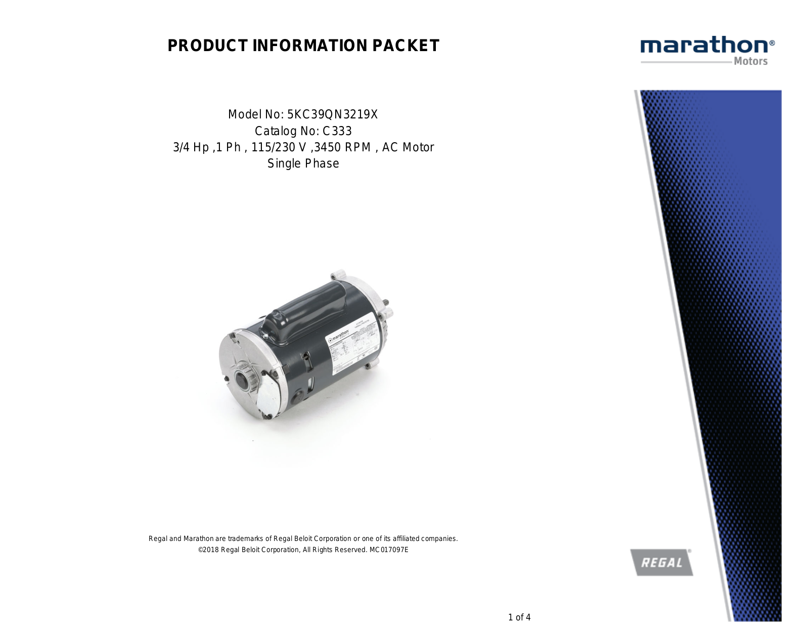 Marathon Electric 5KC39QN3219X Product Information Packet