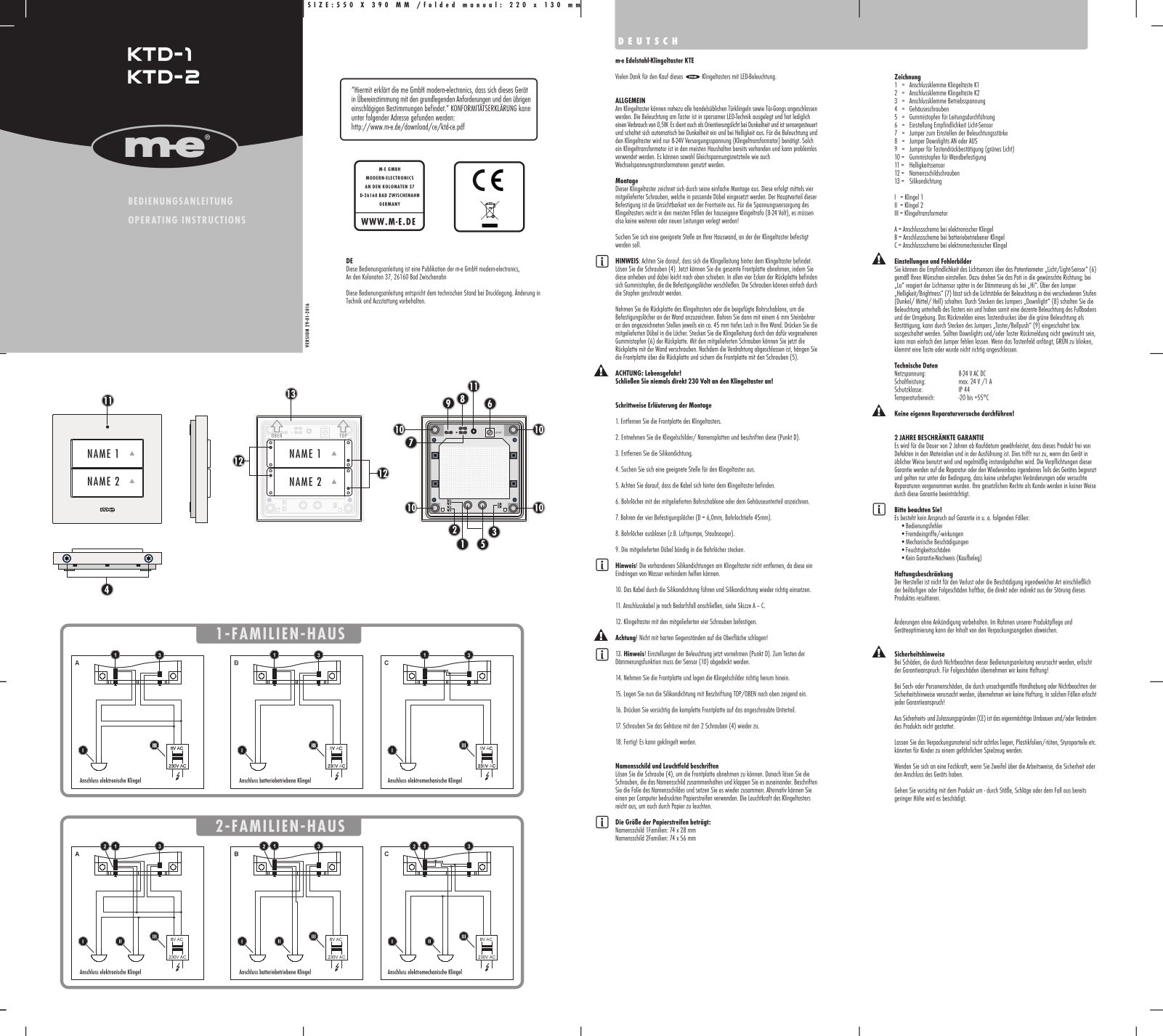 m-e modern-electronics KTD-1, KTD-2 Operating Instructions