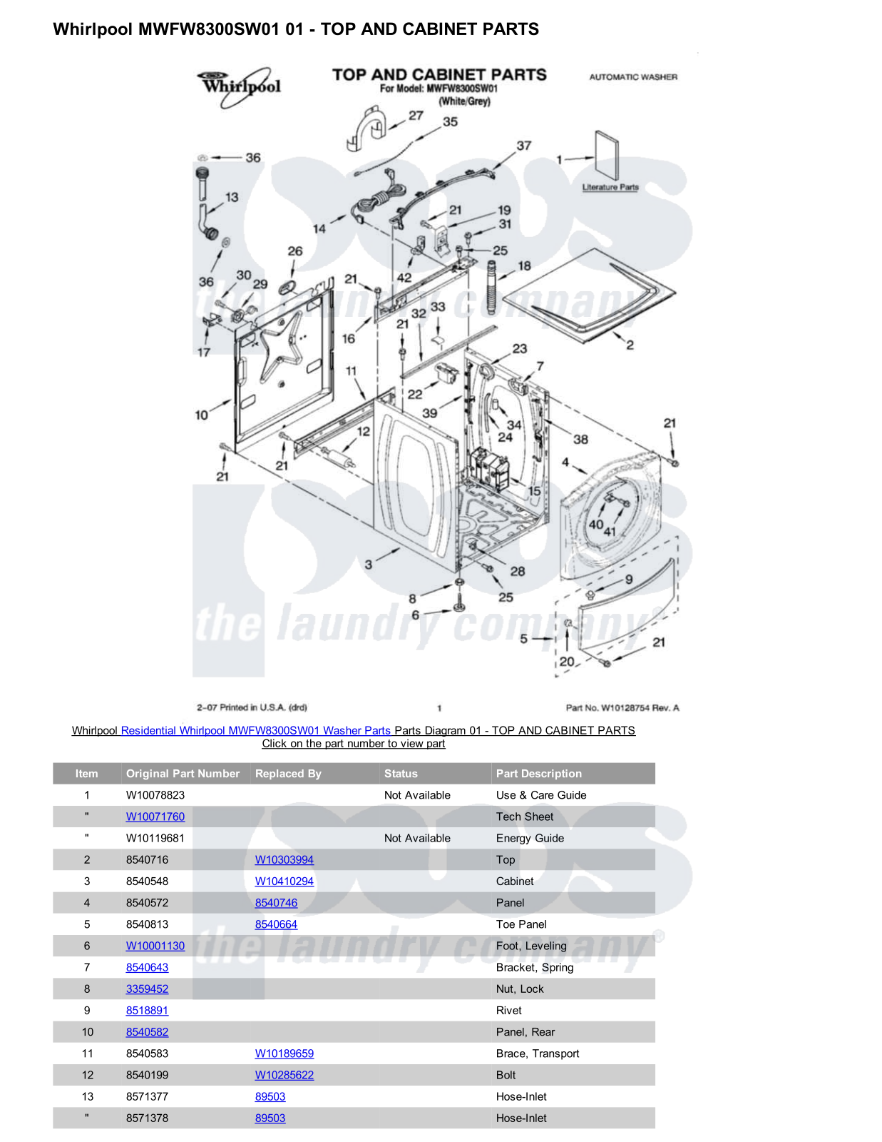 Whirlpool MWFW8300SW01 Parts Diagram