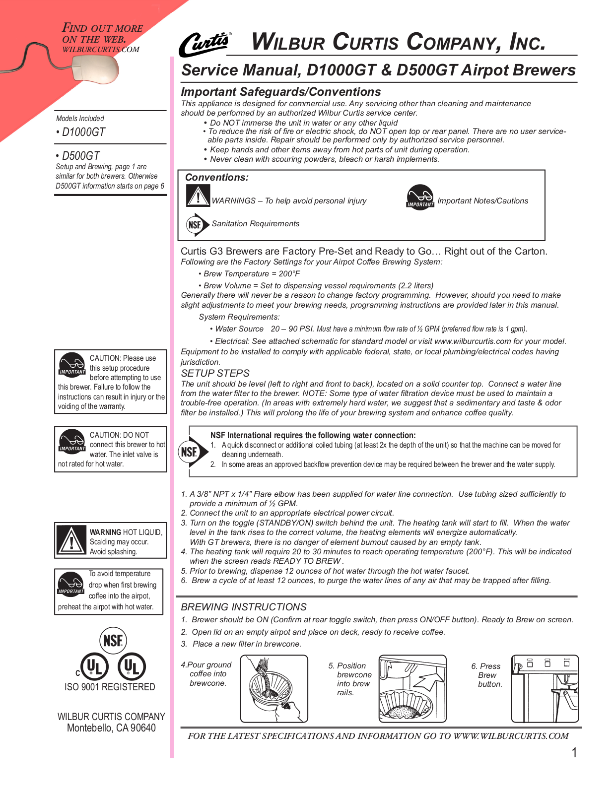 Wilbur Curtis Company D1000GT, D500GT Service Manual