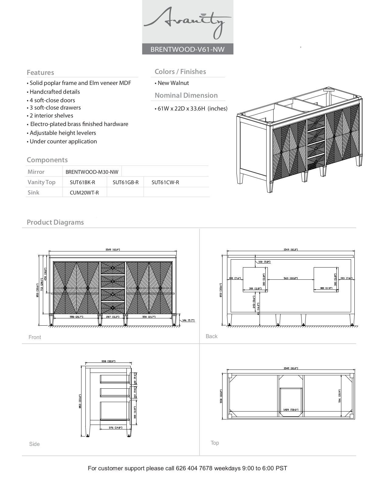 Avanity BRENTWOODVS61NWC Specifications