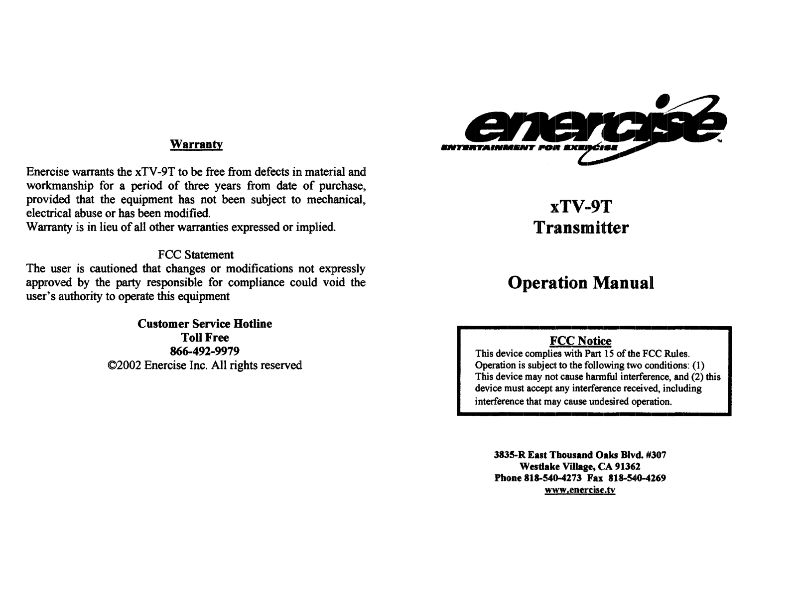 Enercise TX902 Users Manual