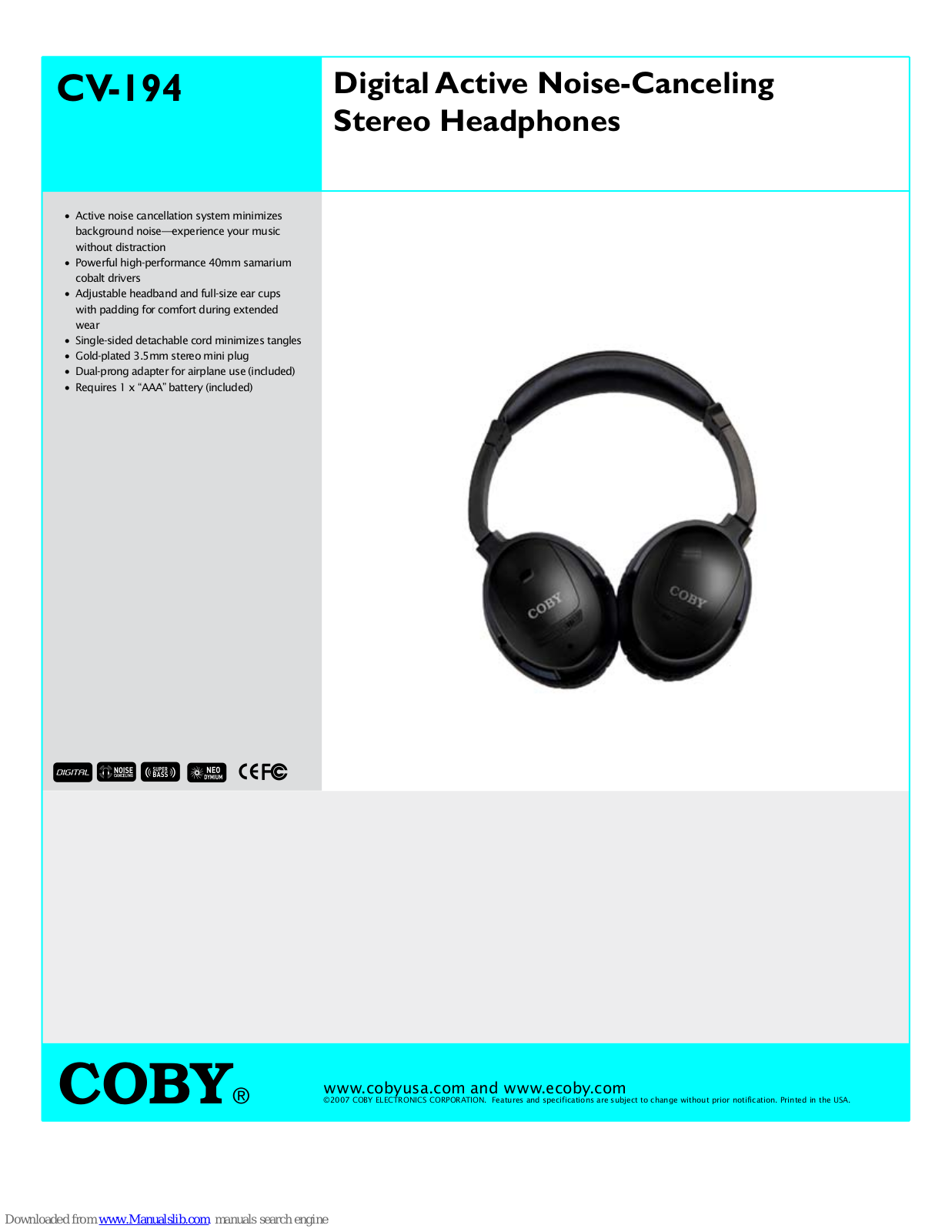 Coby CV194 - CV 194 - Headphones, CV194 Specification Sheet