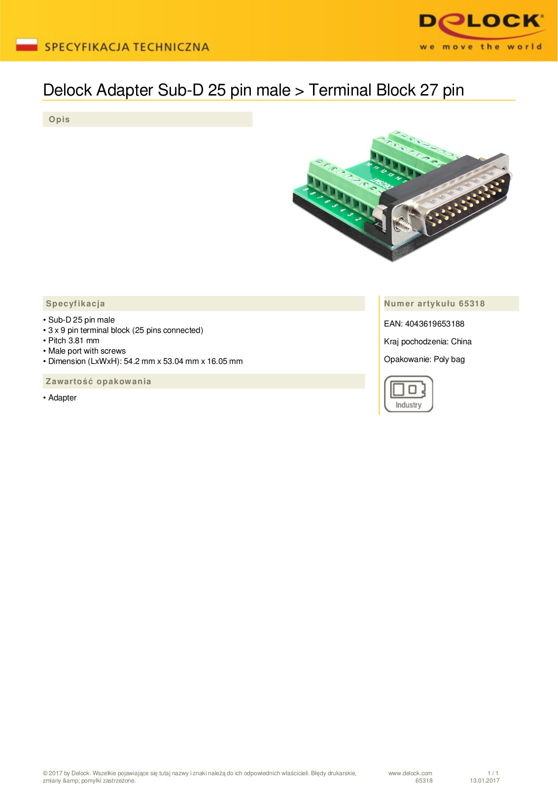 DeLOCK Sub-D 25-Pin  plug  on 27-Pin-Terminalblock adapter User Manual