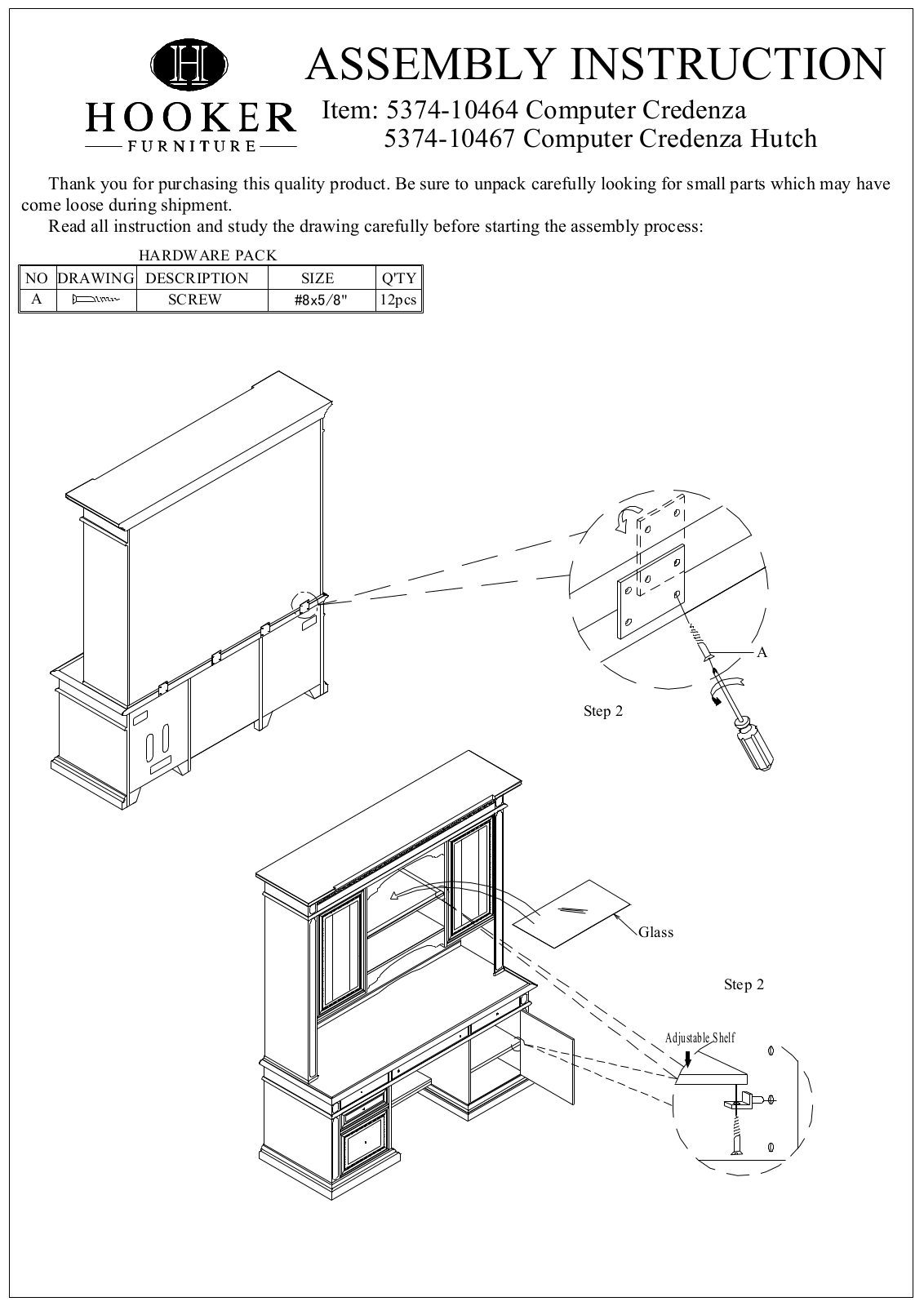 Hooker Furniture 537410464 Assembly Guide