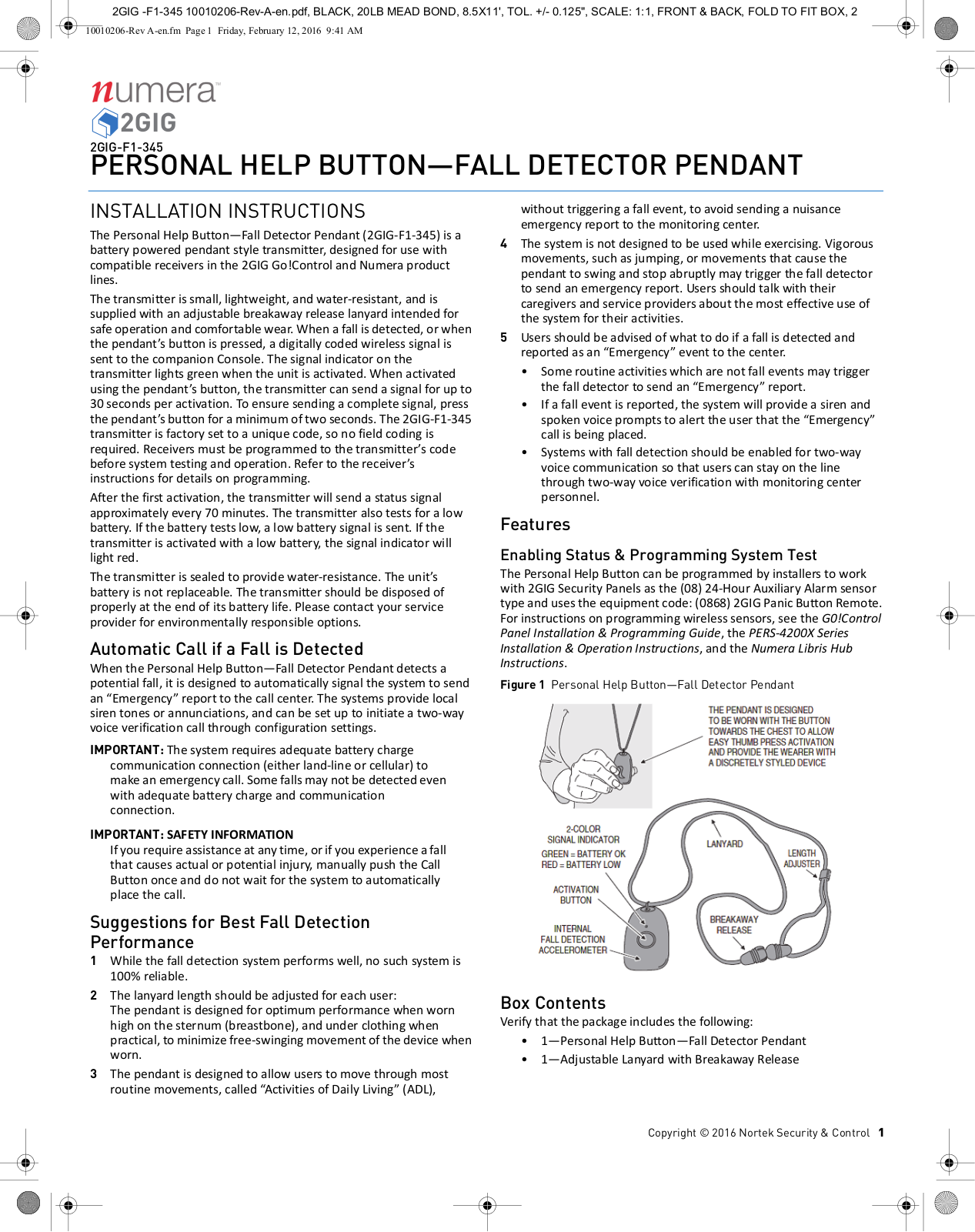 Nortek Security and Control 2GIG F1345 Users Manual