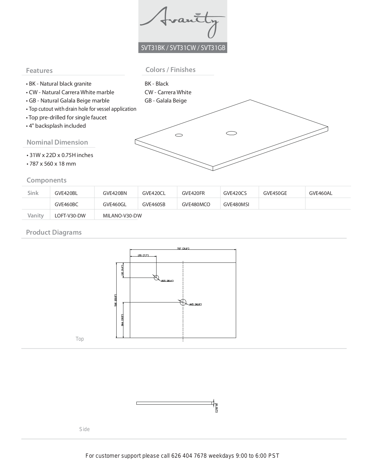 Avanity SVT31CW Specifications