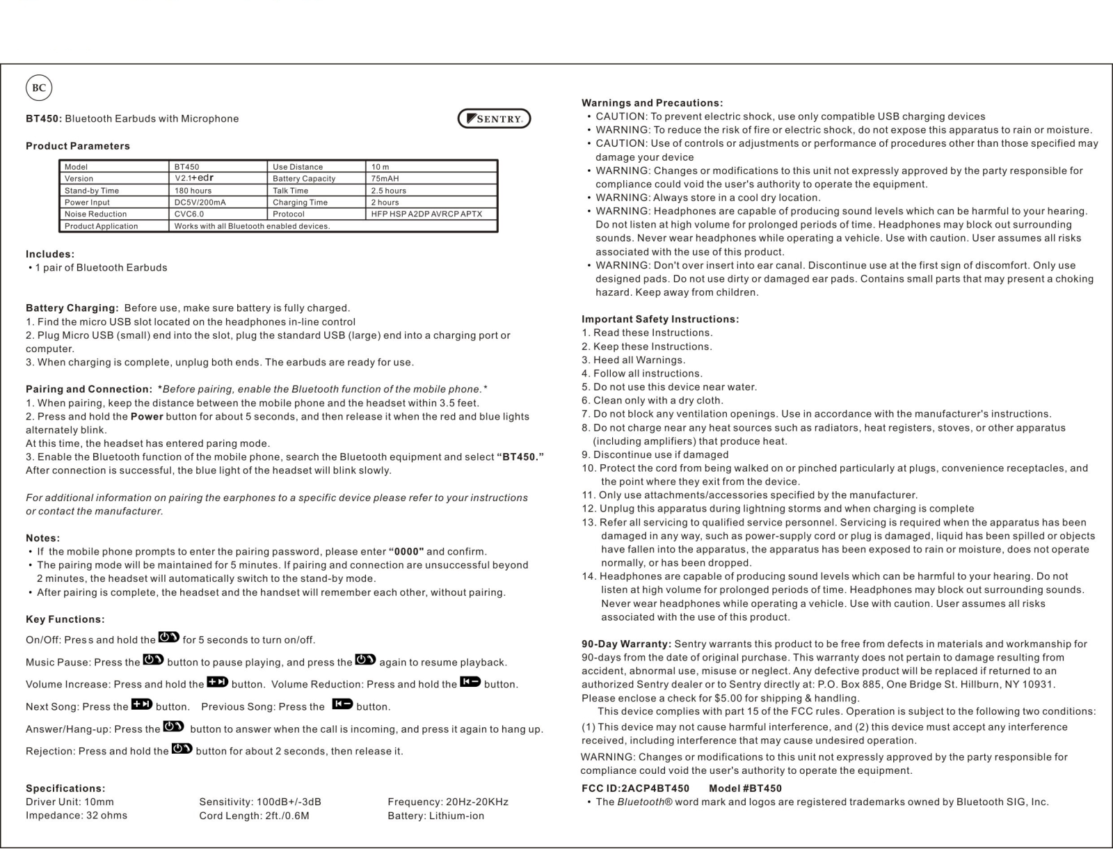 SENTRY BT450 User Manual