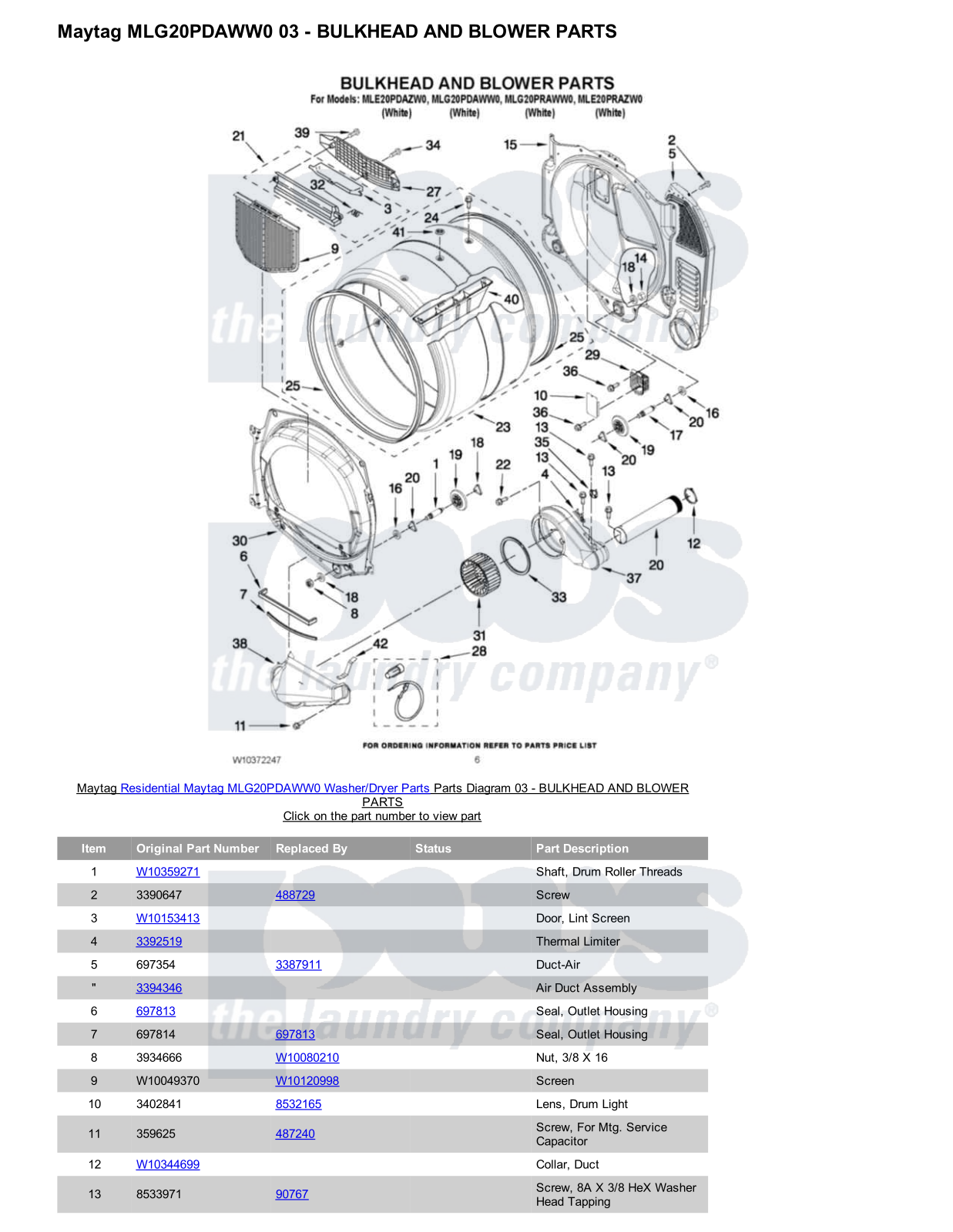 Maytag MLG20PDAWW0/Dryer Parts Diagram