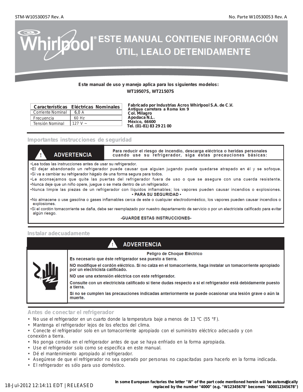 Whirlpool WT2150S Installation Instructions