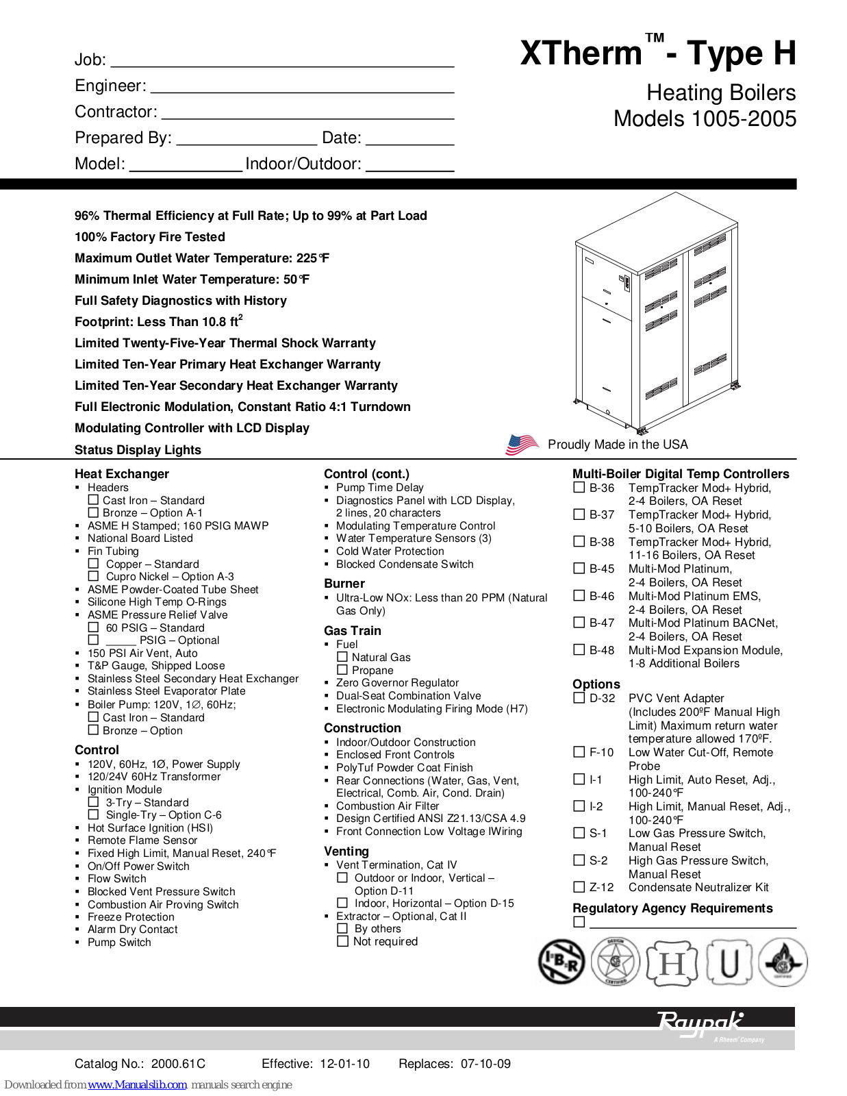 Raypak Xtherm 1005, Xtherm 1505, Xtherm 2005 Specifications - ManualMachine.com