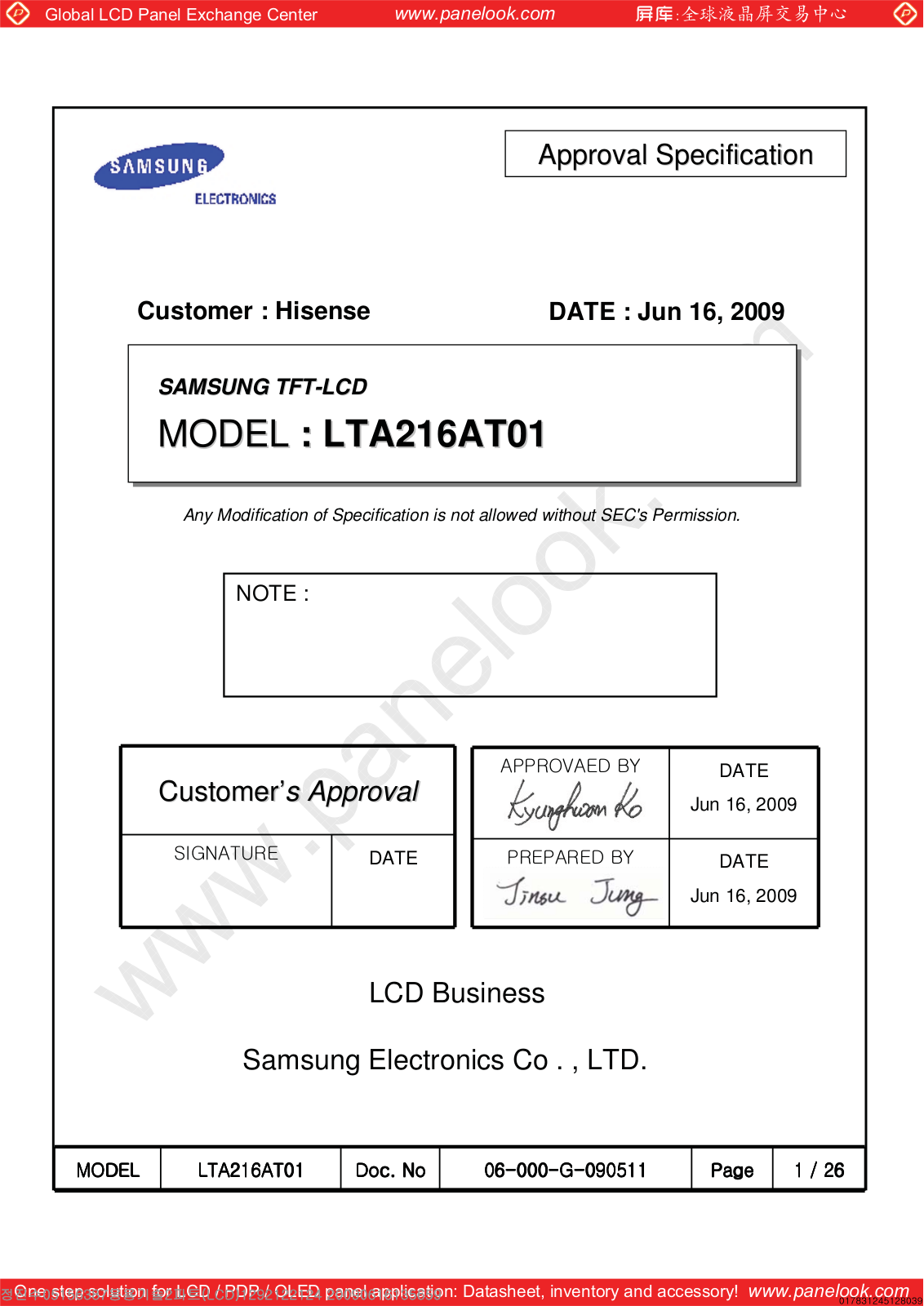 SAMSUNG LTA216AT01 Specification