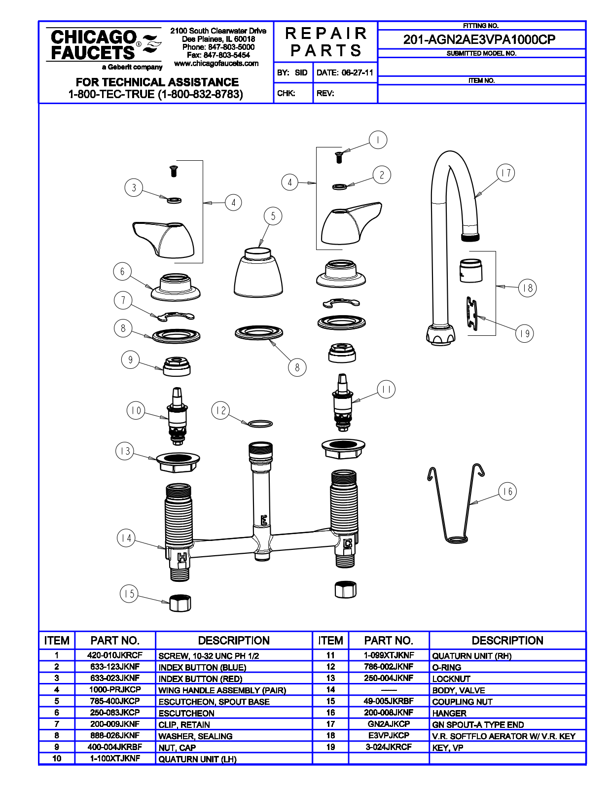 Chicago Faucet 201-AGN2AE3VPA1000 Parts List