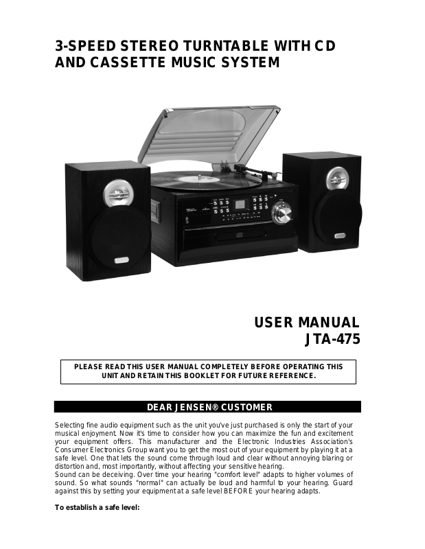 Jensen Jta 475 User Manual 5001