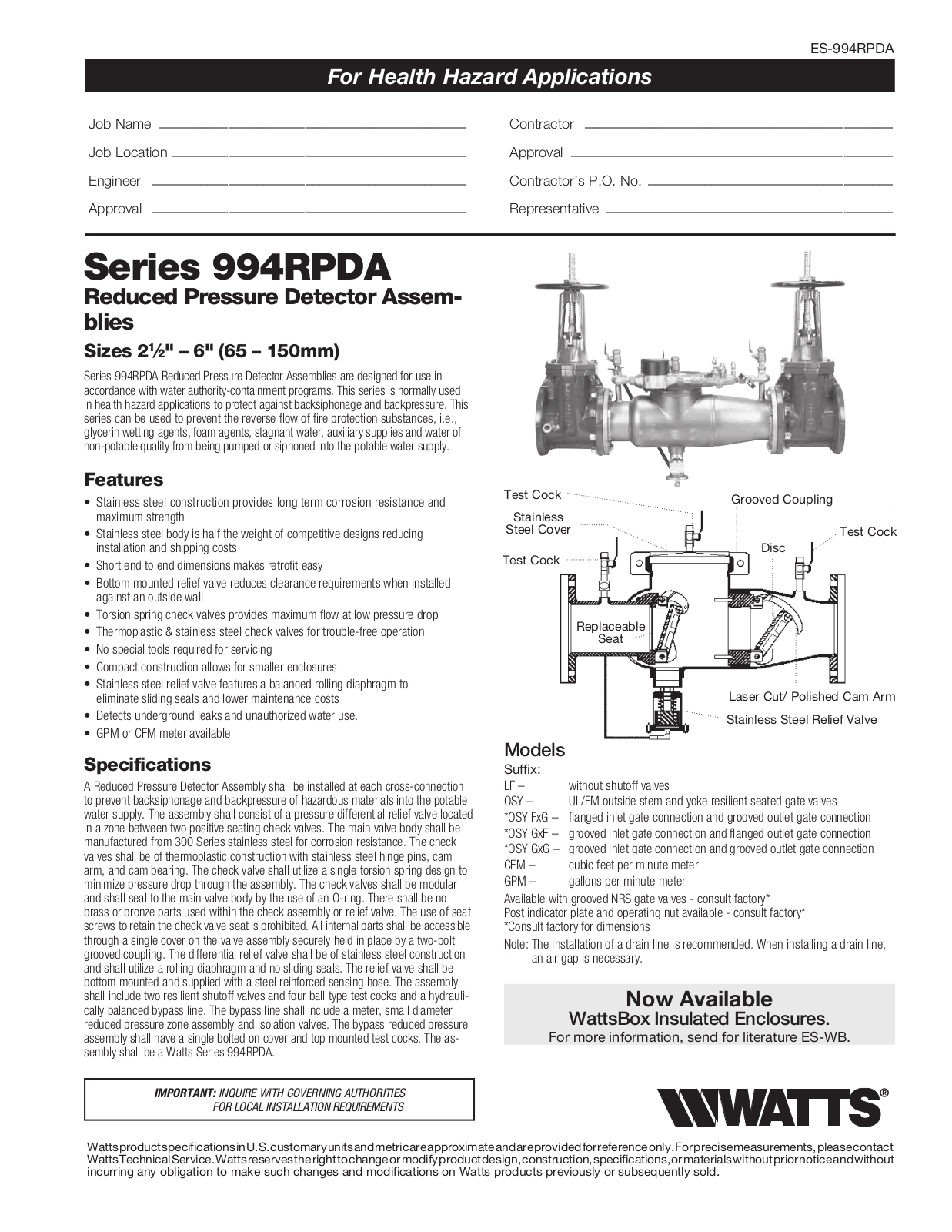 Watts 994RPDA User Manual