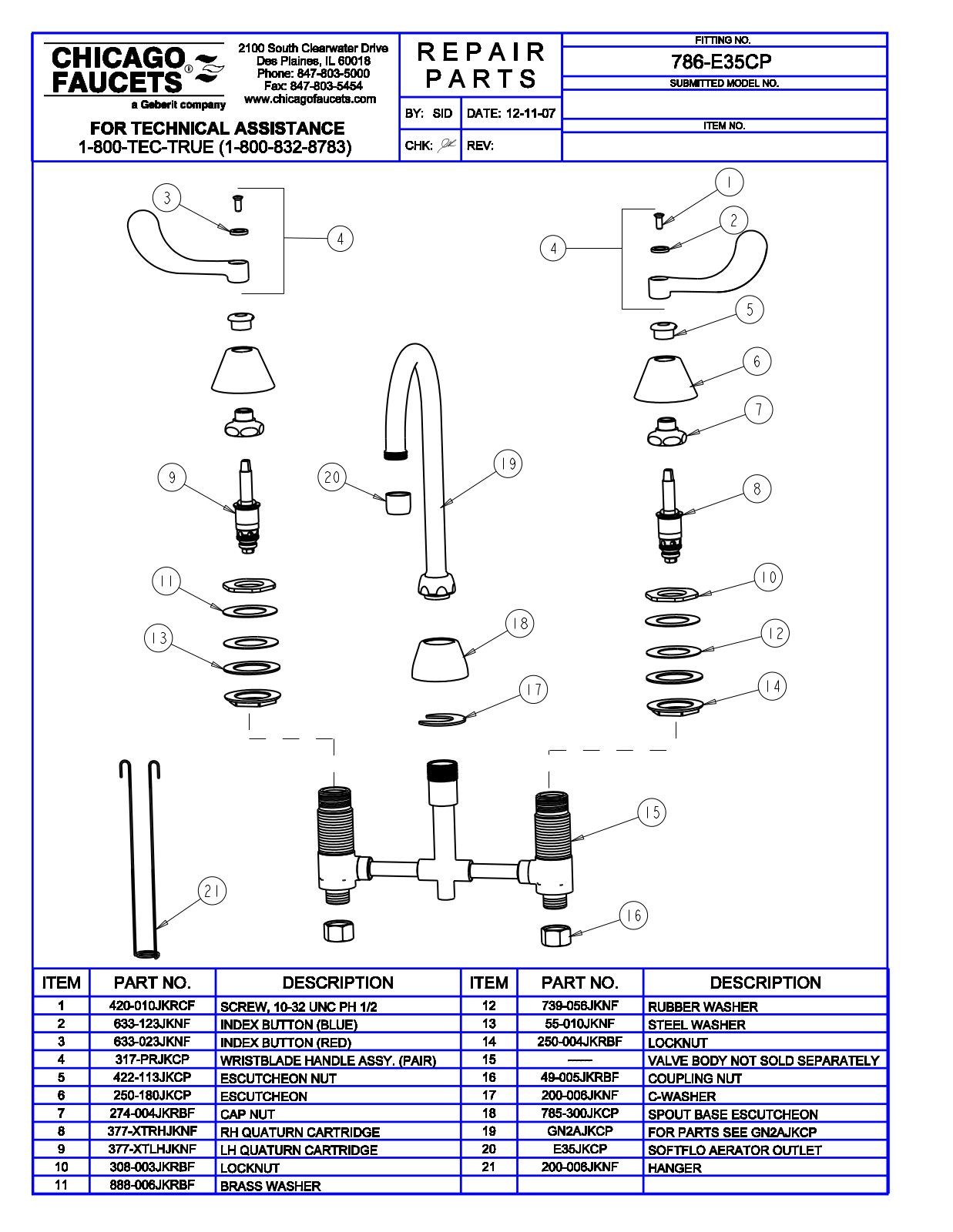 Chicago Faucet 786-E35CP Parts List