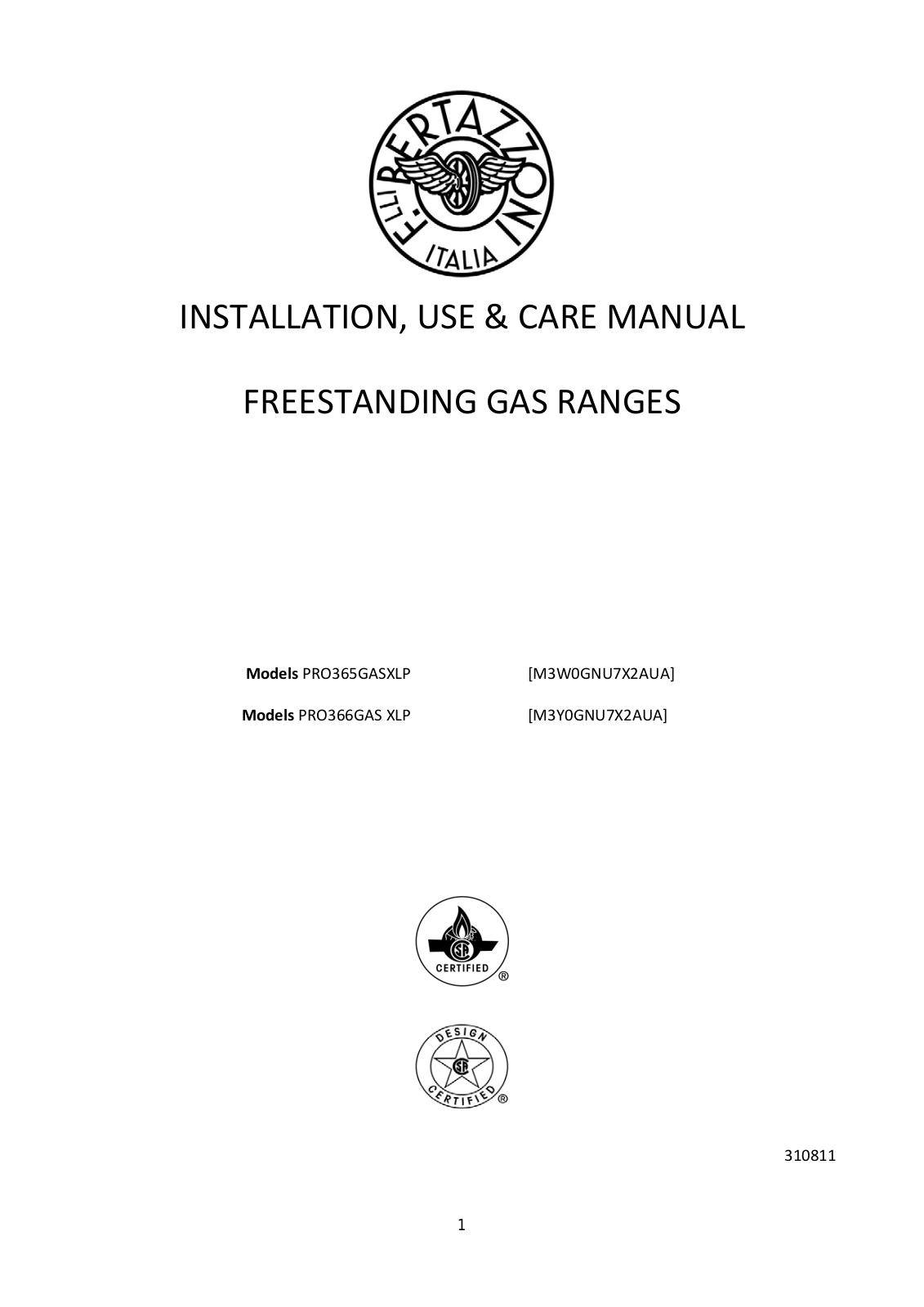 Bertazzoni PRO366GASXLP, PRO365GASXLP User Manual