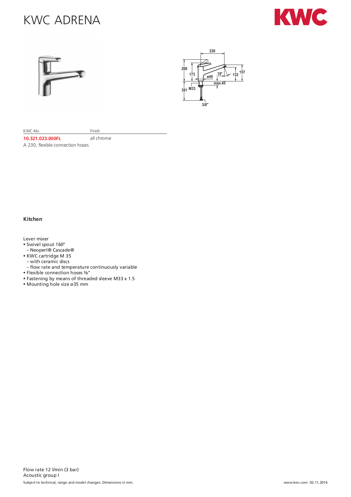 KWC 10321023000 Specifications Sheet