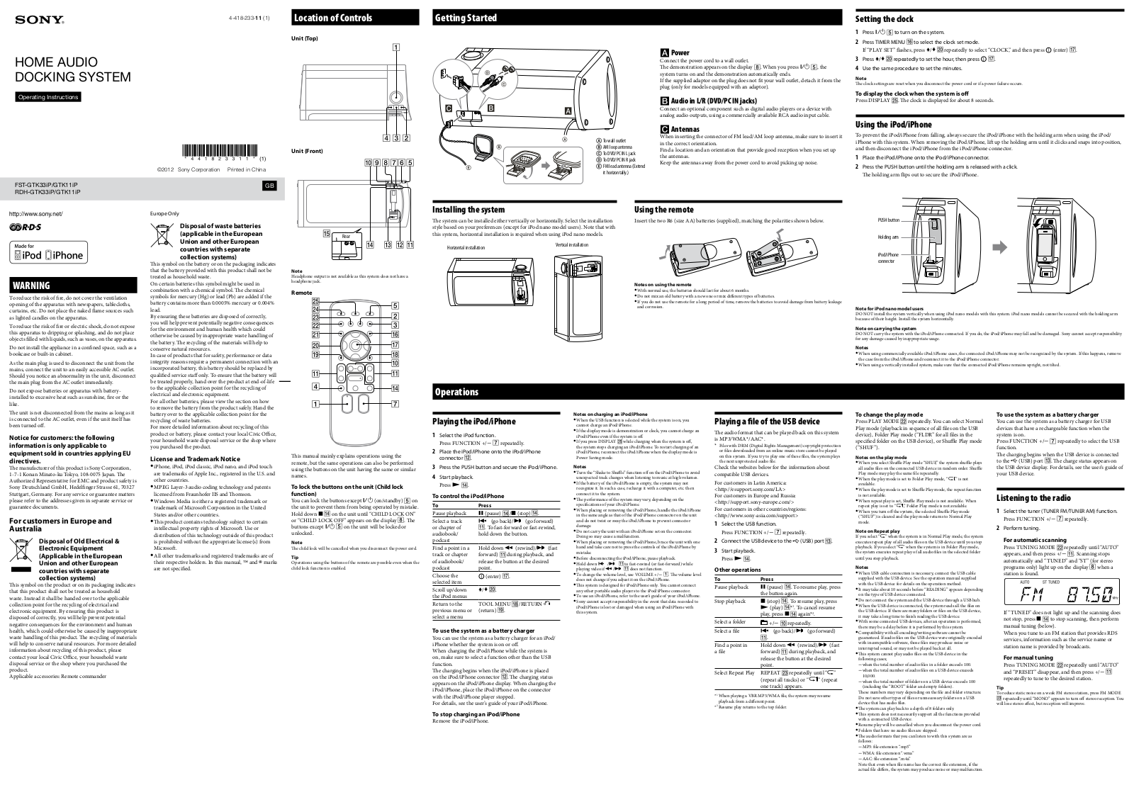 Sony FST-GTK33iP, FST-GTK11iP, RDH-GTK11iP Operating Manual