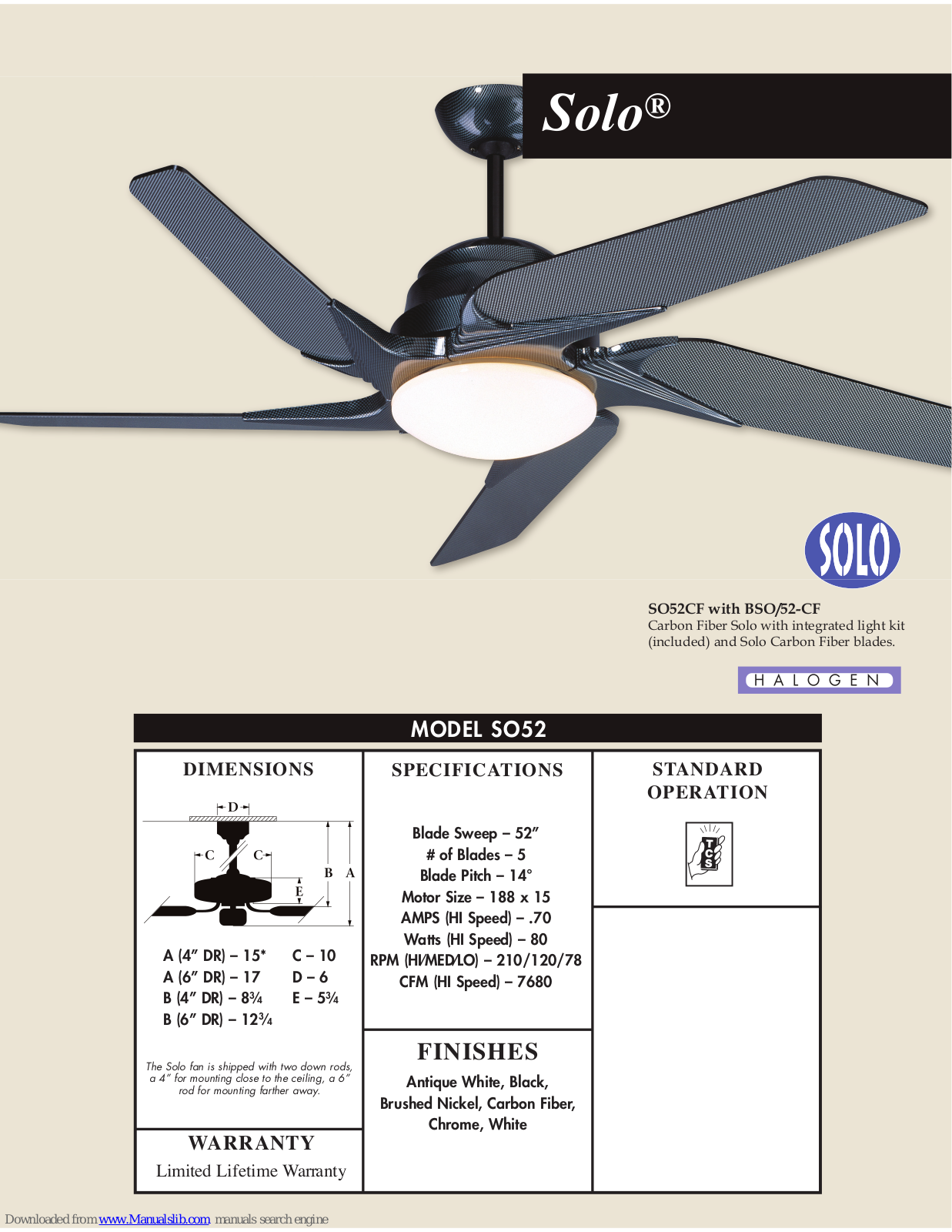 Craftmade SO52, Solo SO52CF Specifications - ManualMachine.com