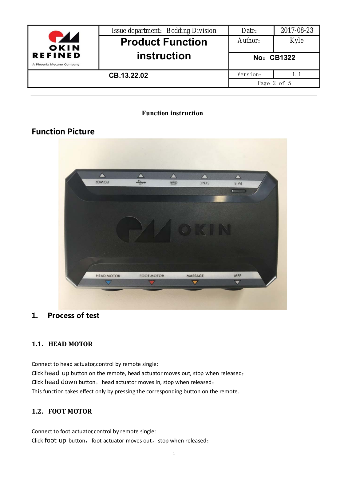 OKIN Refined Electric Technology CB1322 Users manual