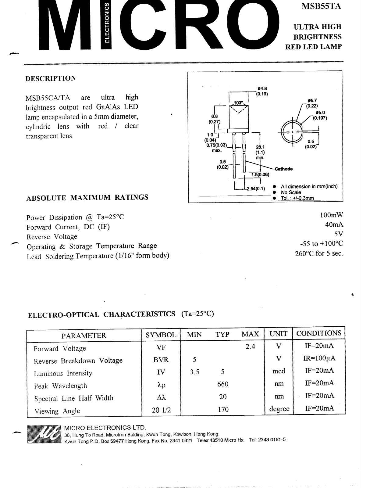 MICRO MSB55TA Datasheet