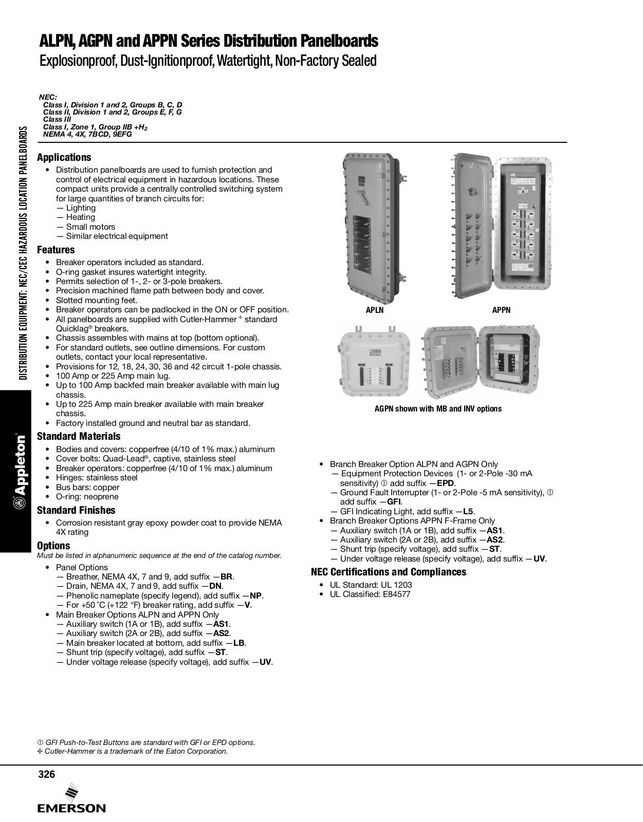 Appleton ALPN Series Distribution Panelboards, AGPN Series Distribution Panelboards, APPN Series Distribution Panelboards Catalog Page