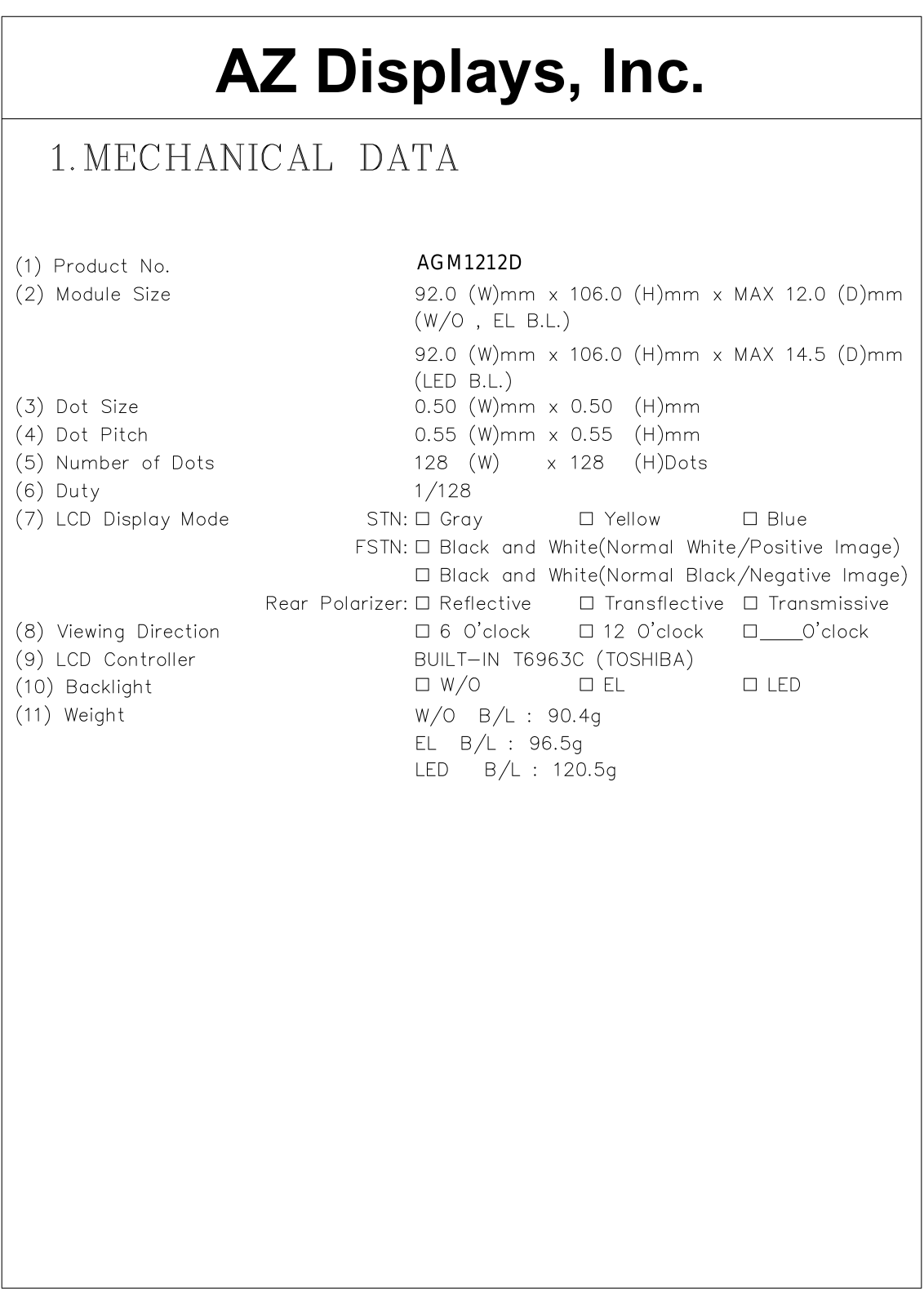 AZDIS AGM1212D-RLYTH-T, AGM1212D-RLYTD-T, AGM1212D-RLYBW-T, AGM1212D-RLYBS-T, AGM1212D-RLYBD-T Datasheet