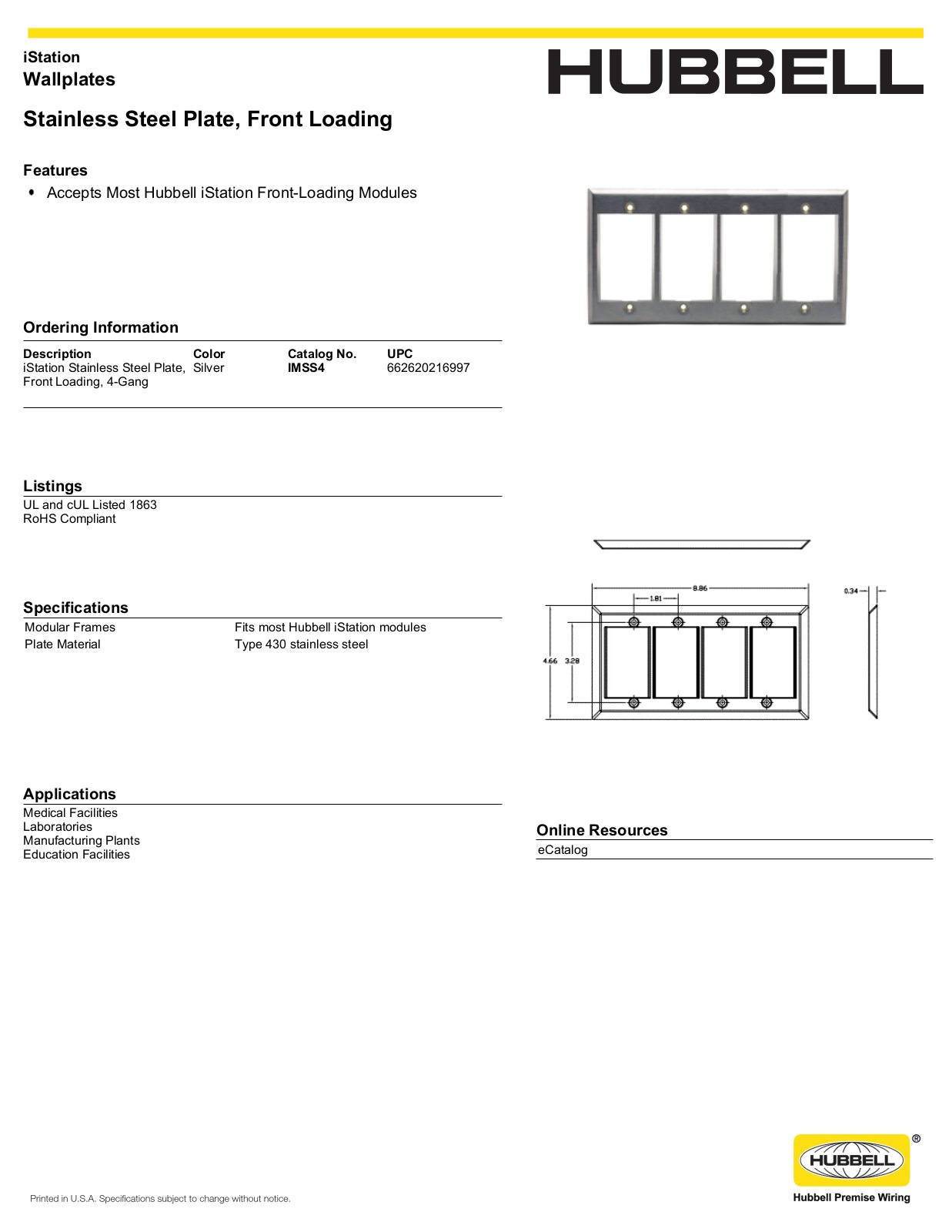 Hubbell IMSS4 Specifications