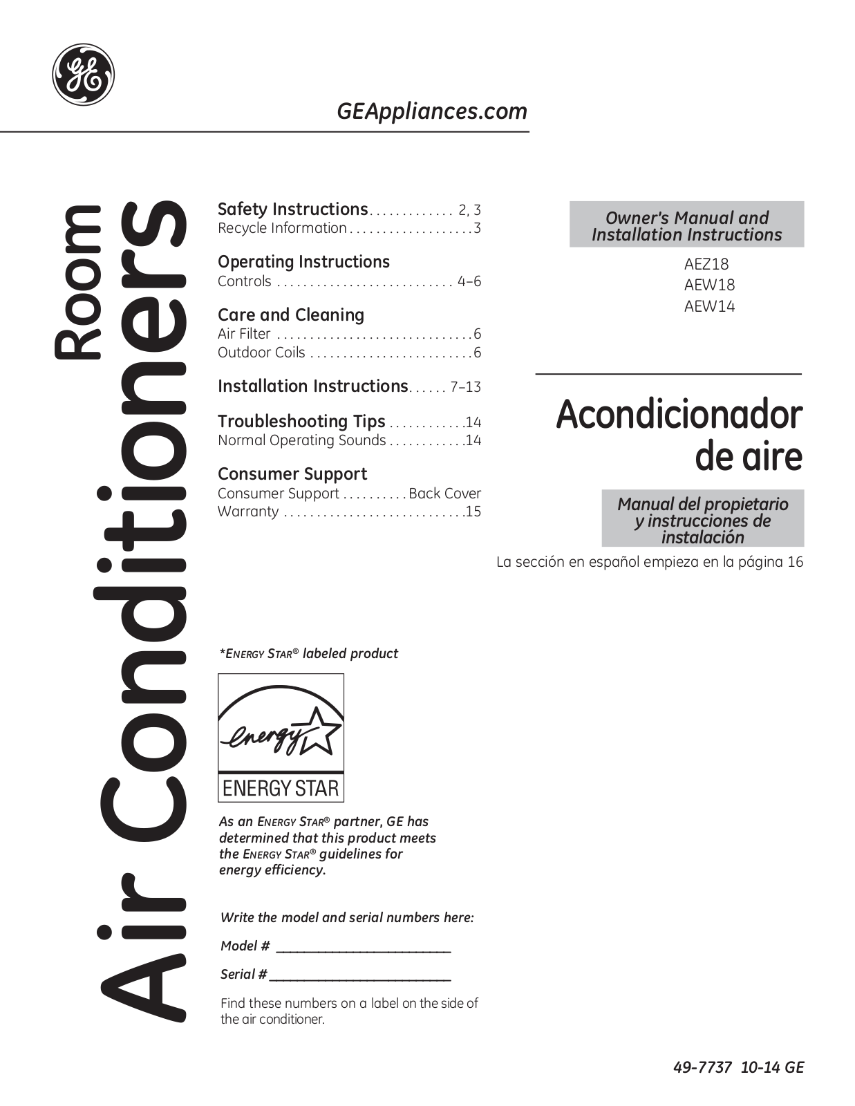 GE AEZ18, AEW18, AEW14 Owner’s Manual & Installation Instructions