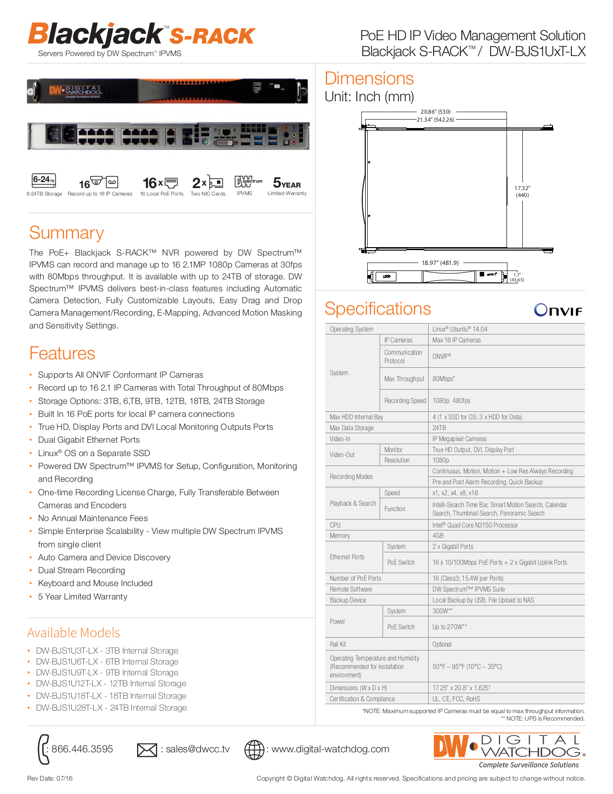 Digital Watchdog DW-BJS1U9T-LX, DW-BJS1U6T-LX, DW-BJS1U3T-LX, DW-BJS1U24T-LX, DW-BJS1U18T-LX Specsheet